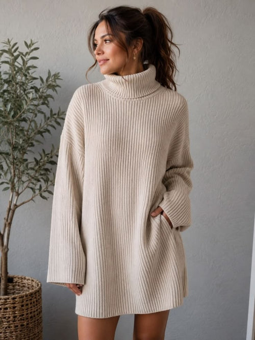 Margot Ribbed Turtleneck Sweater Dress Cream 1
