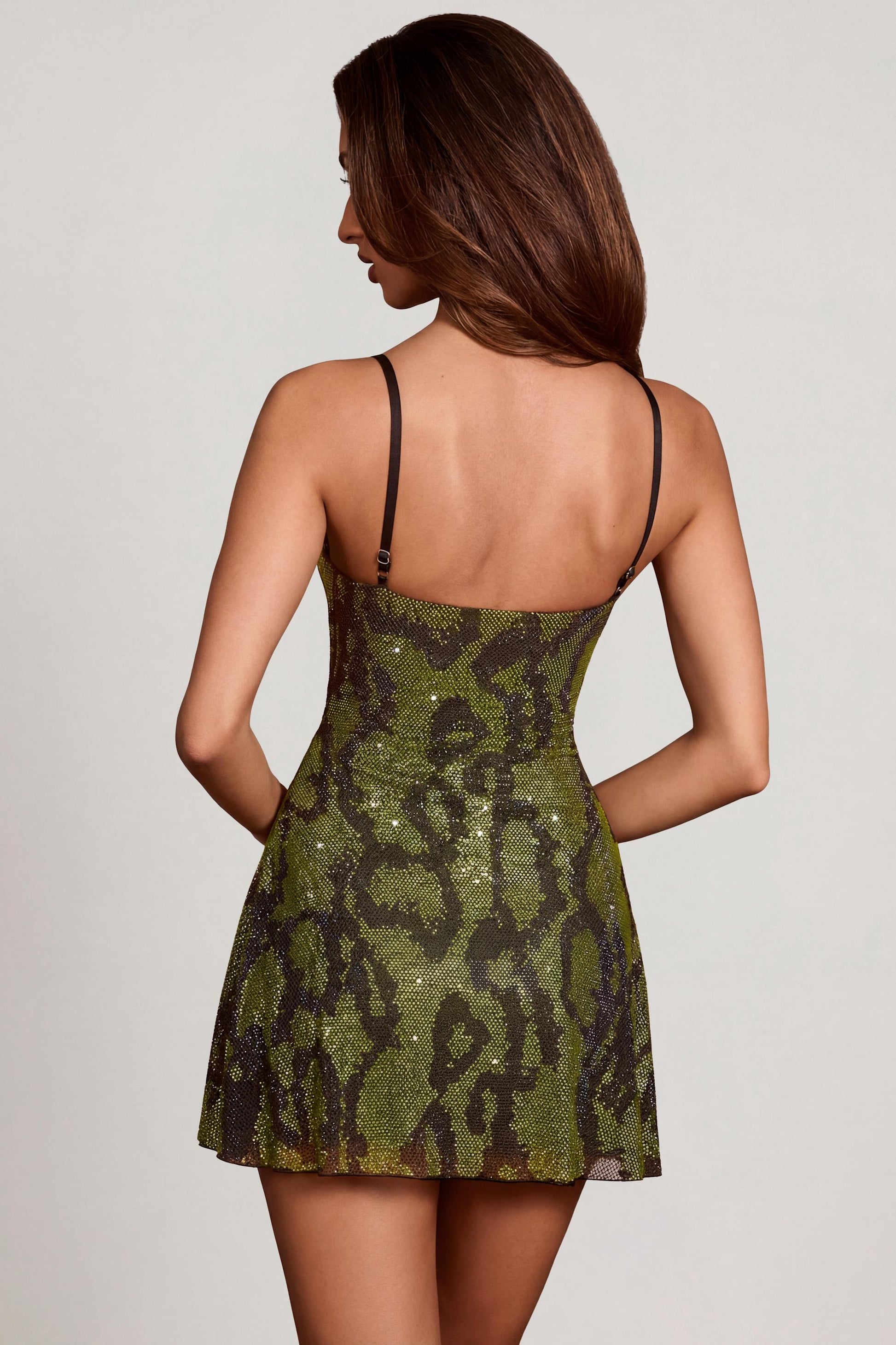 Margot Embellished Cowl Neck Mini Dress in Green Snake line Mini Dress in Green Snake 2
