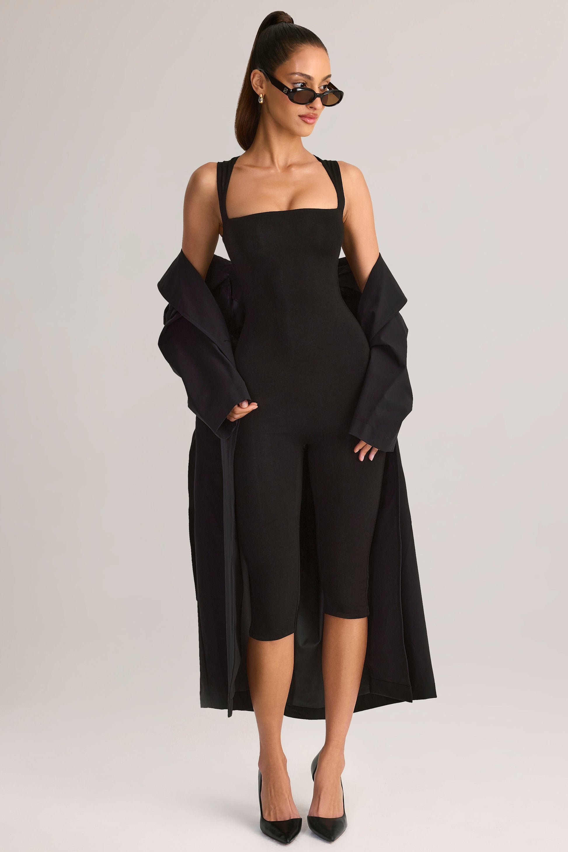 Ainslee Square Neck Midi Dress Neck Bodycon Capri Jumpsuit in Black 5