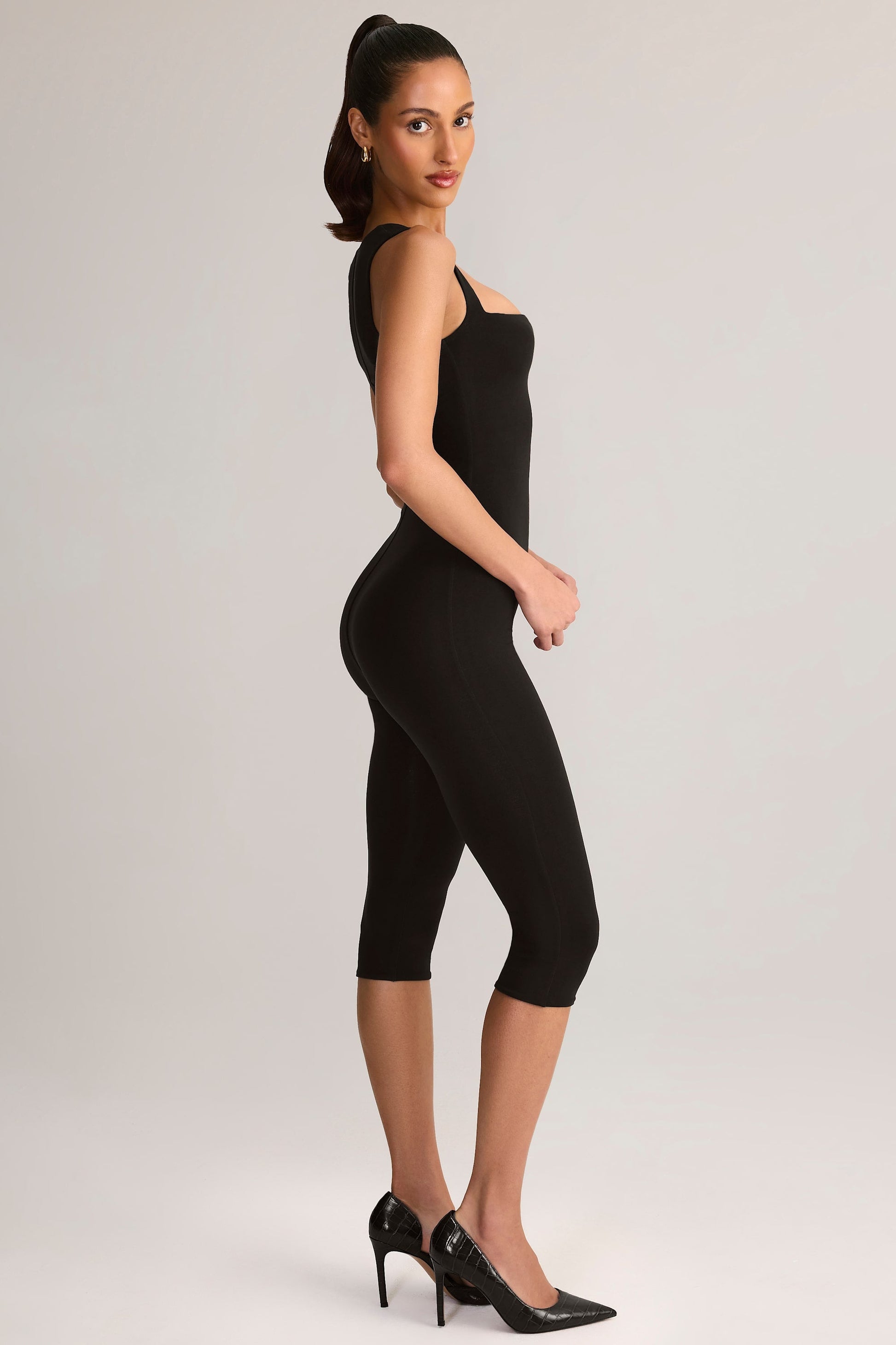 Ainslee Square Neck Midi Dress Neck Bodycon Capri Jumpsuit in Black 3