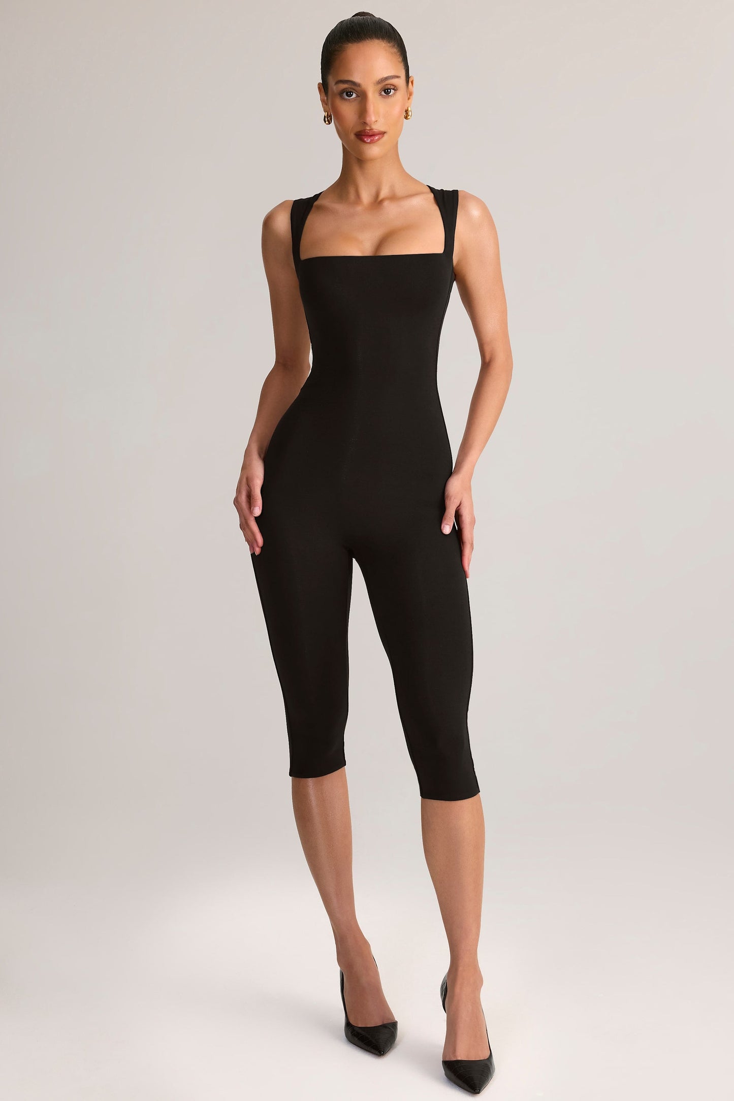 Ainslee Square Neck Midi Dress Neck Bodycon Capri Jumpsuit in Black 1