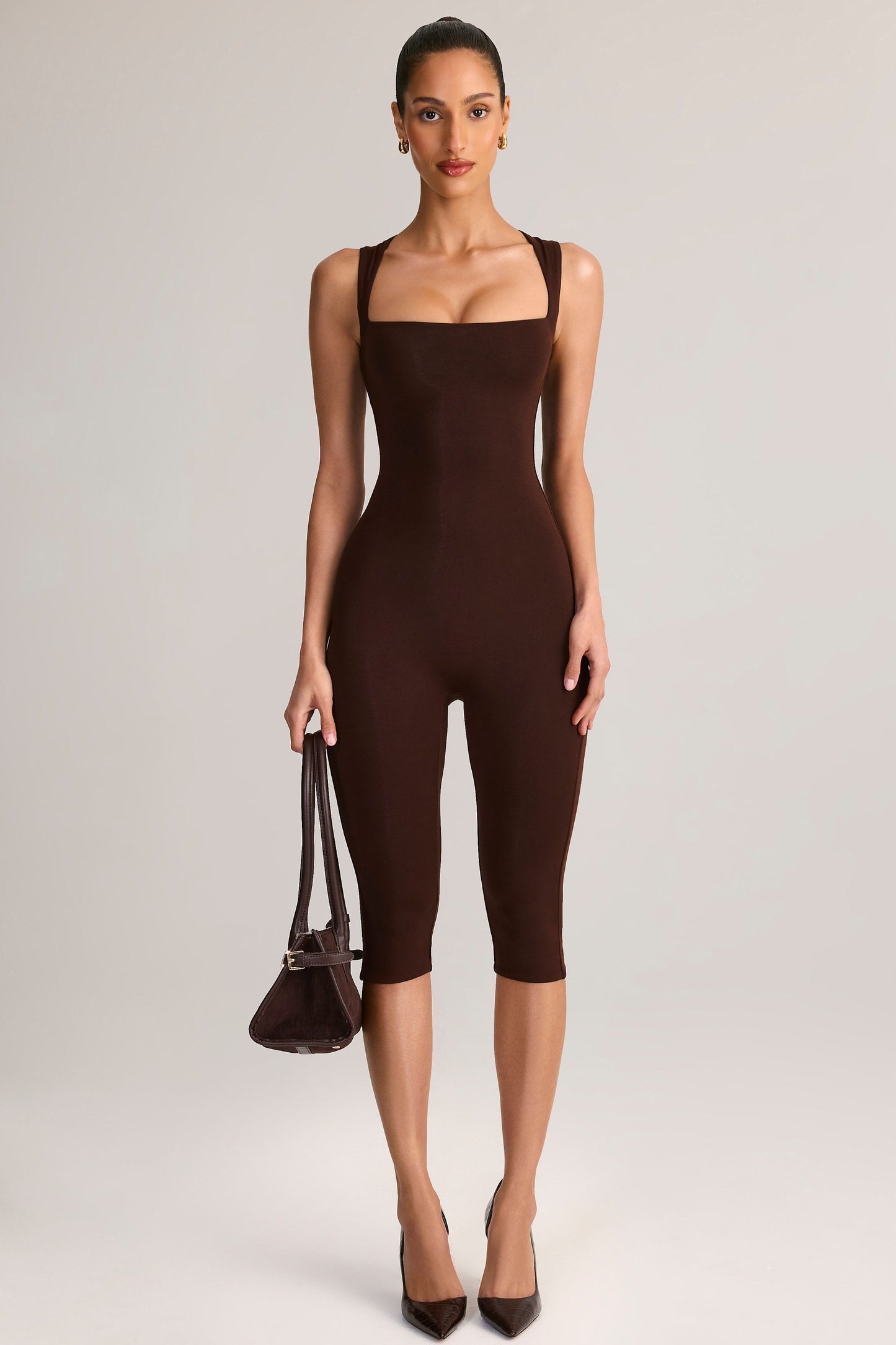 Ainslee Square Neck Midi Dress Neck Bodycon Capri Jumpsuit in Chocolate Brown 1