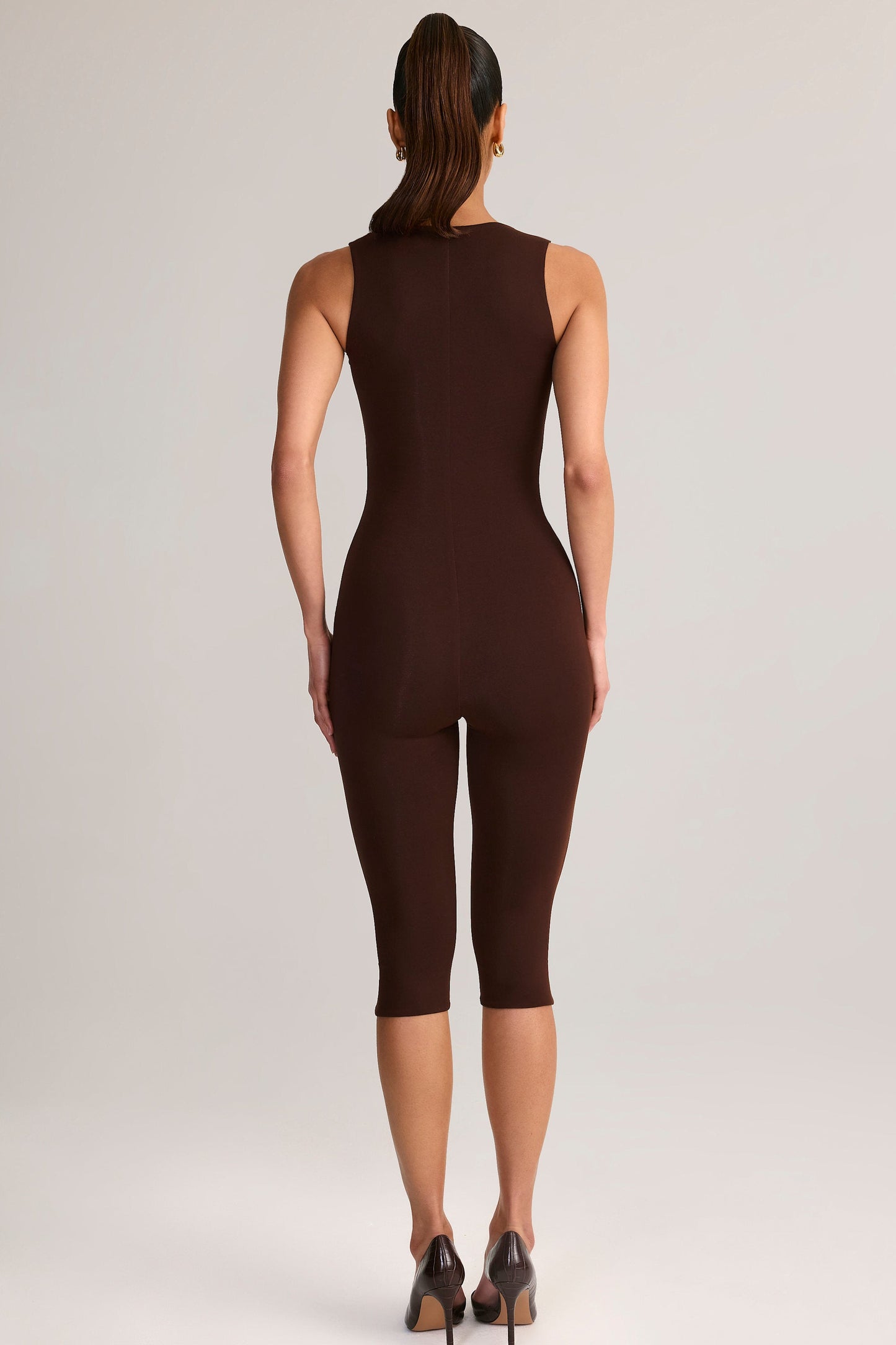 Ainslee Square Neck Midi Dress Neck Bodycon Capri Jumpsuit in Chocolate Brown 2