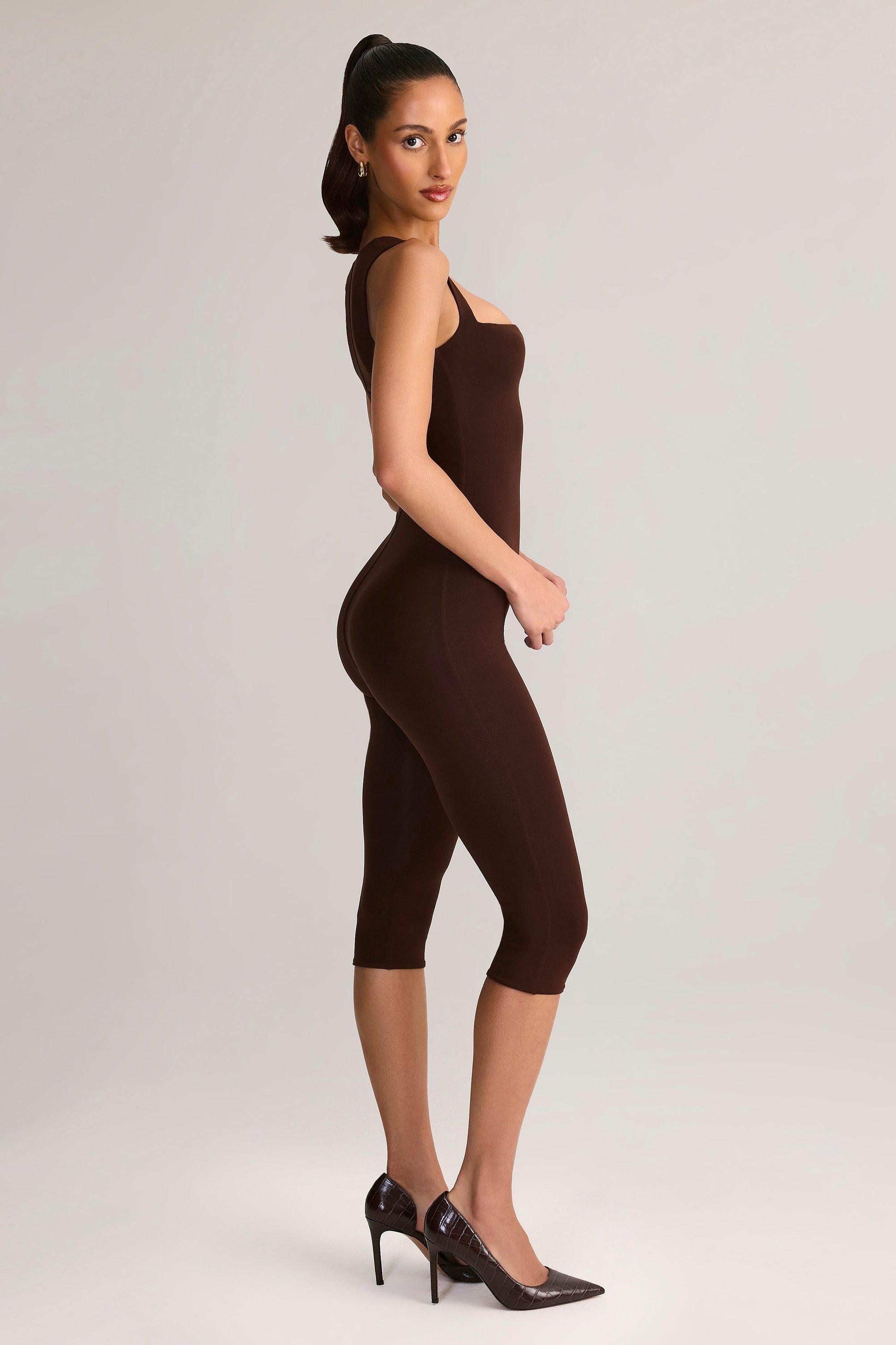 Ainslee Square Neck Midi Dress Neck Bodycon Capri Jumpsuit in Chocolate Brown 3
