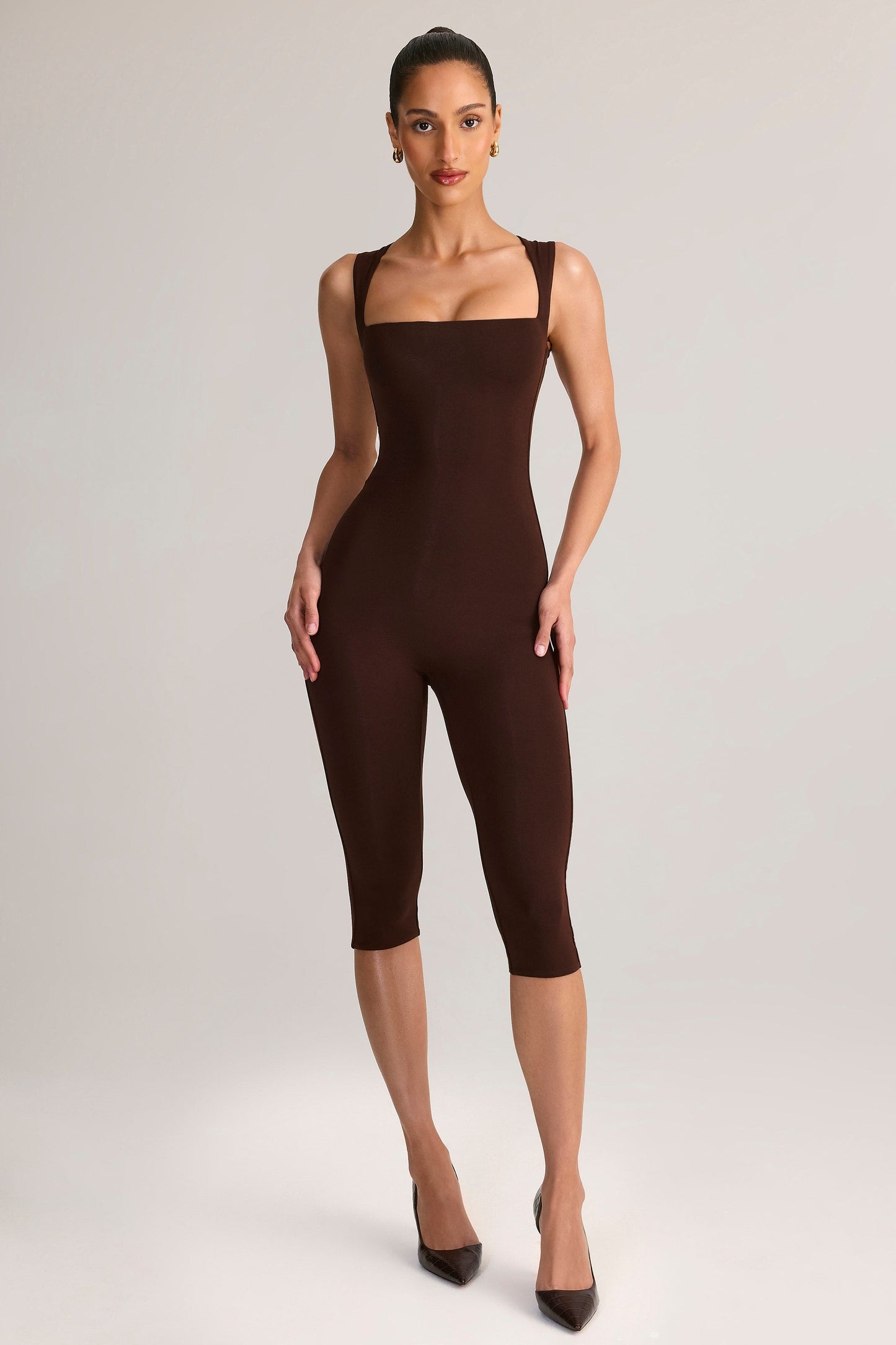 Ainslee Square Neck Midi Dress Neck Bodycon Capri Jumpsuit in Chocolate Brown 5