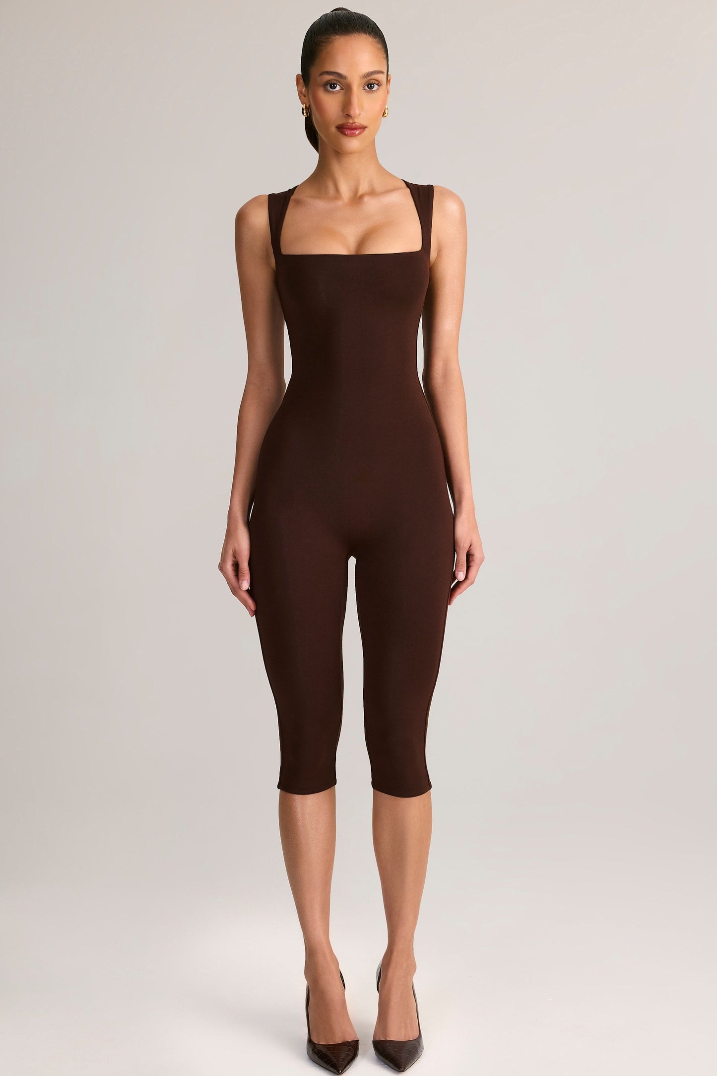 Ainslee Square Neck Midi Dress Neck Bodycon Capri Jumpsuit in Chocolate Brown 6