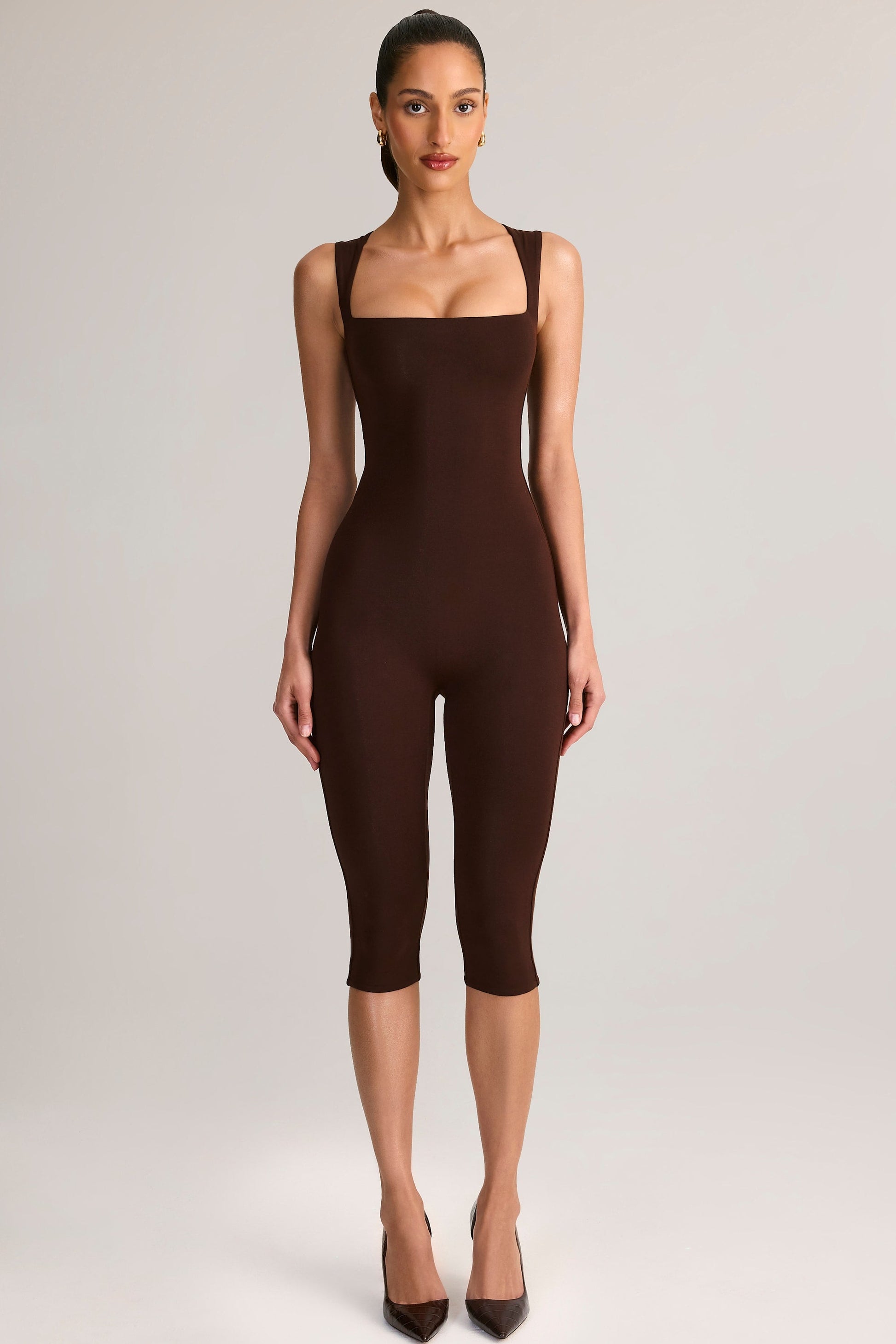 Ainslee Square Neck Midi Dress Neck Bodycon Capri Jumpsuit in Chocolate Brown 6