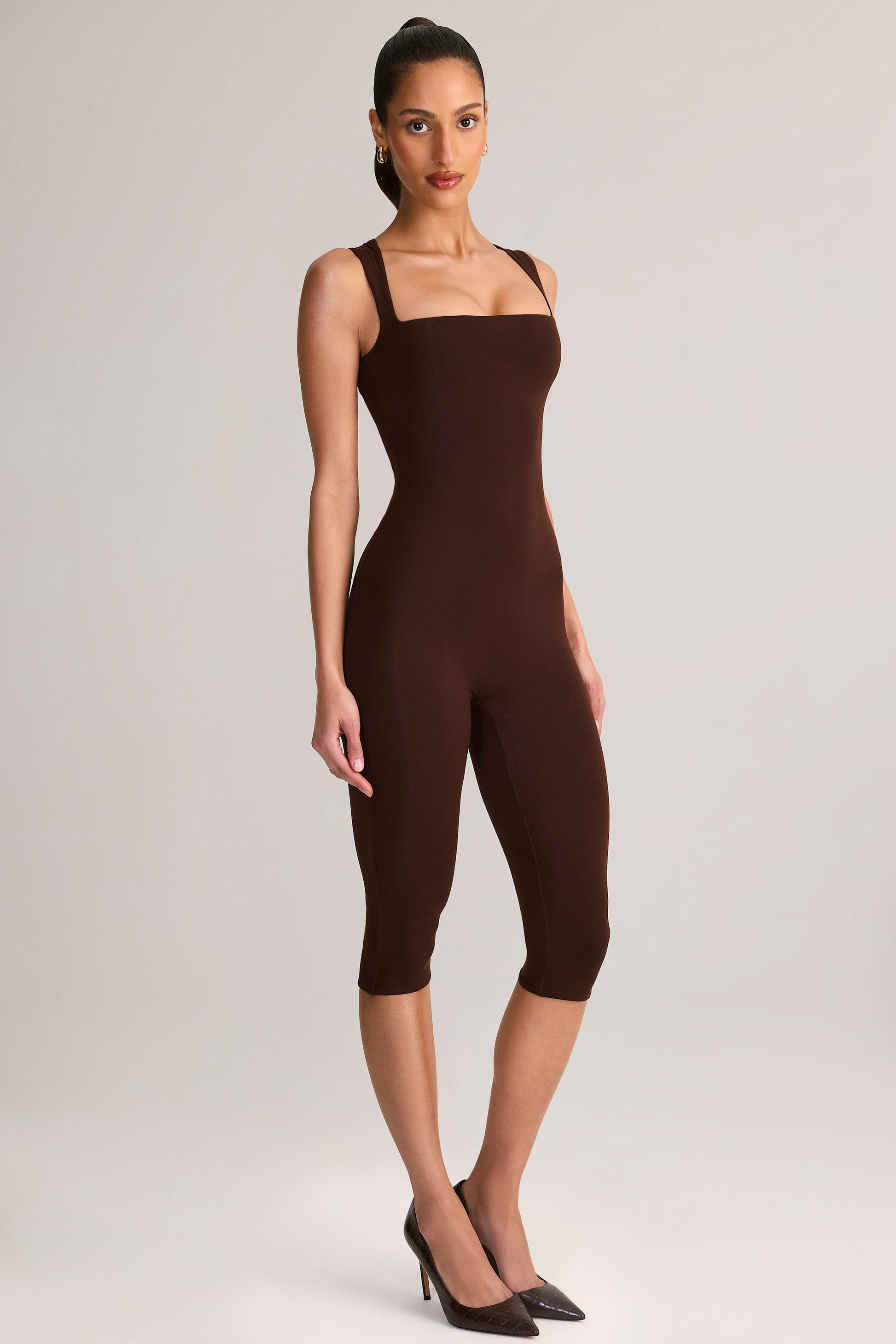 Ainslee Square Neck Midi Dress Neck Bodycon Capri Jumpsuit in Chocolate Brown 7