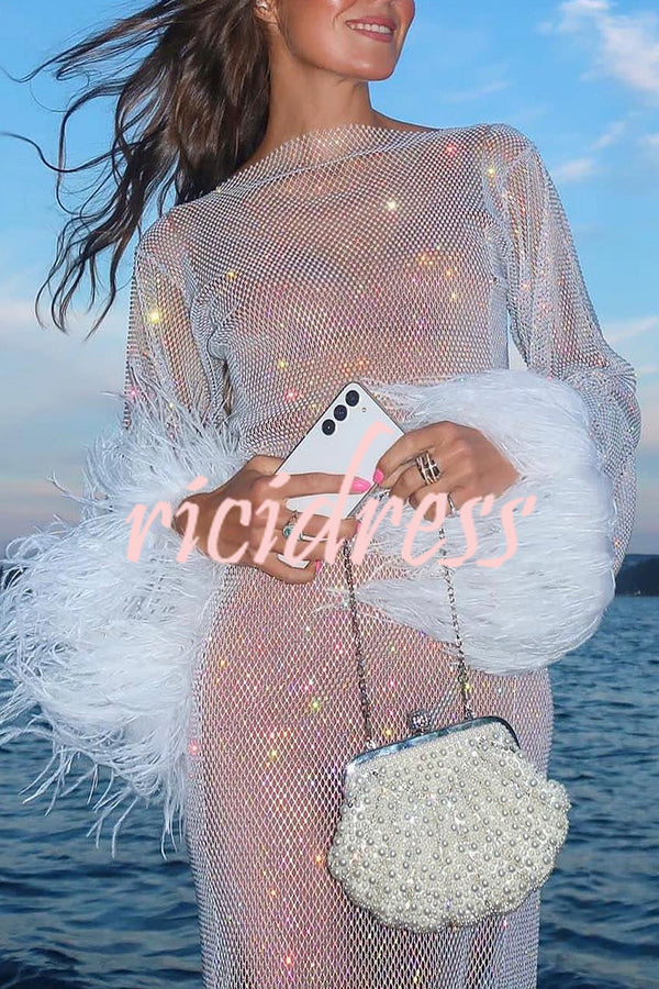 Valentina Rhinestone Mini Dress with Feather Sleeves Pink 3