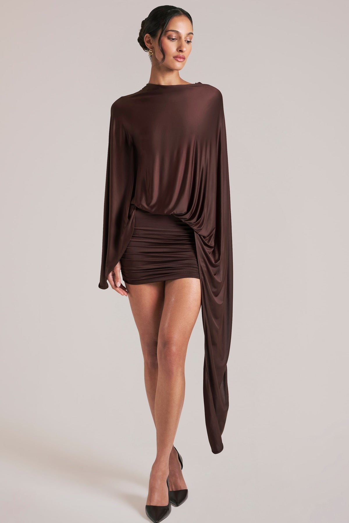 Lida Draped Cape Mini Dress Chocolate Brown 2