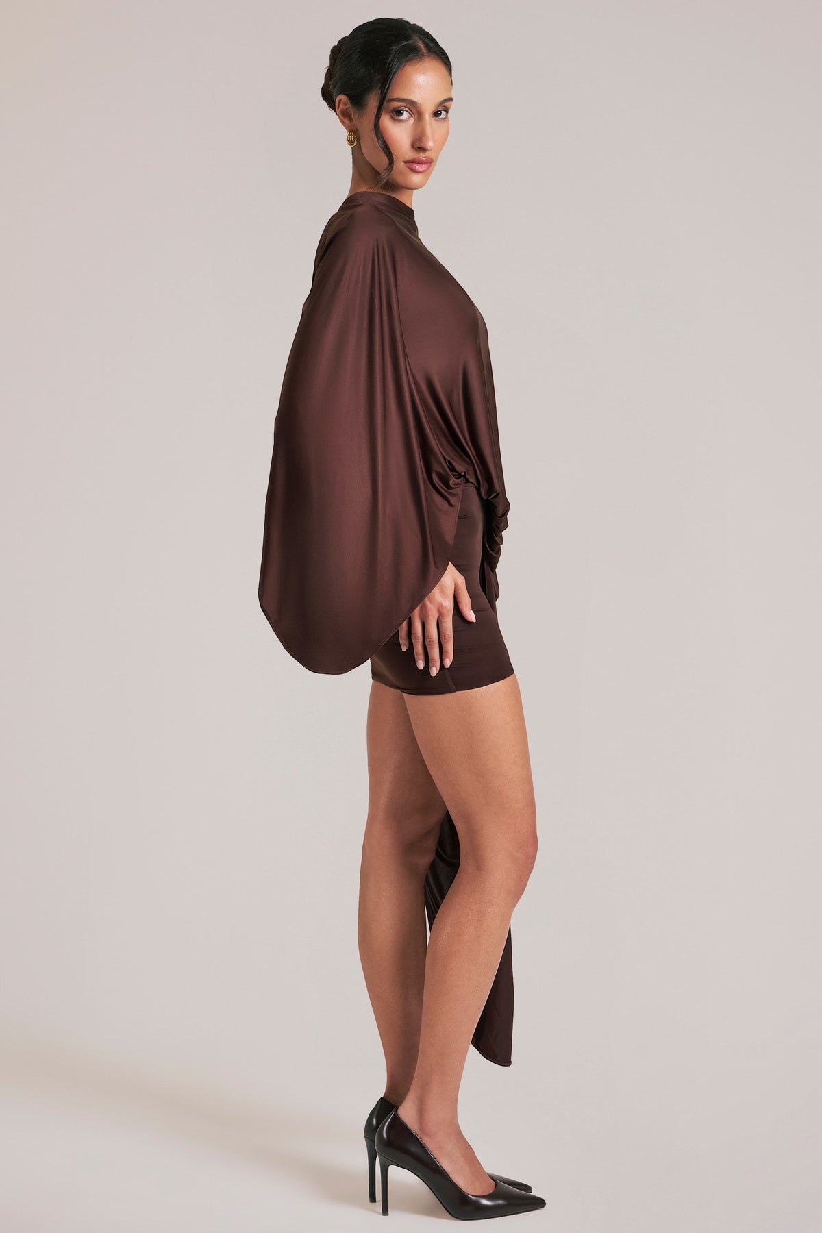 Lida Draped Cape Mini Dress Chocolate Brown 3