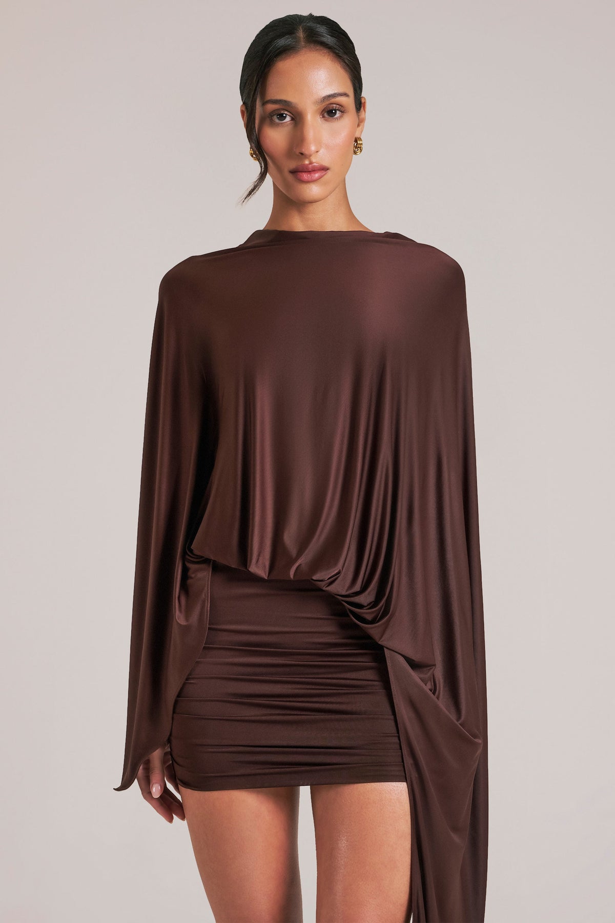 Lida Draped Cape Mini Dress Chocolate Brown 4