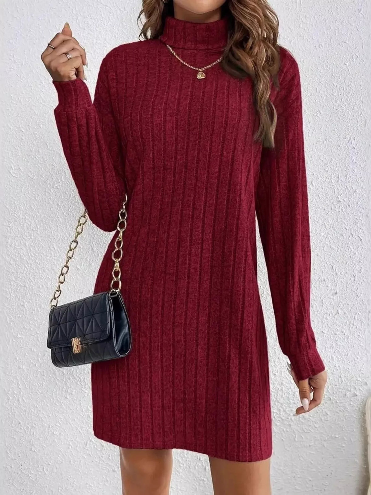 Margot Ribbed Knit Turtleneck Mini Dress Apricot 5