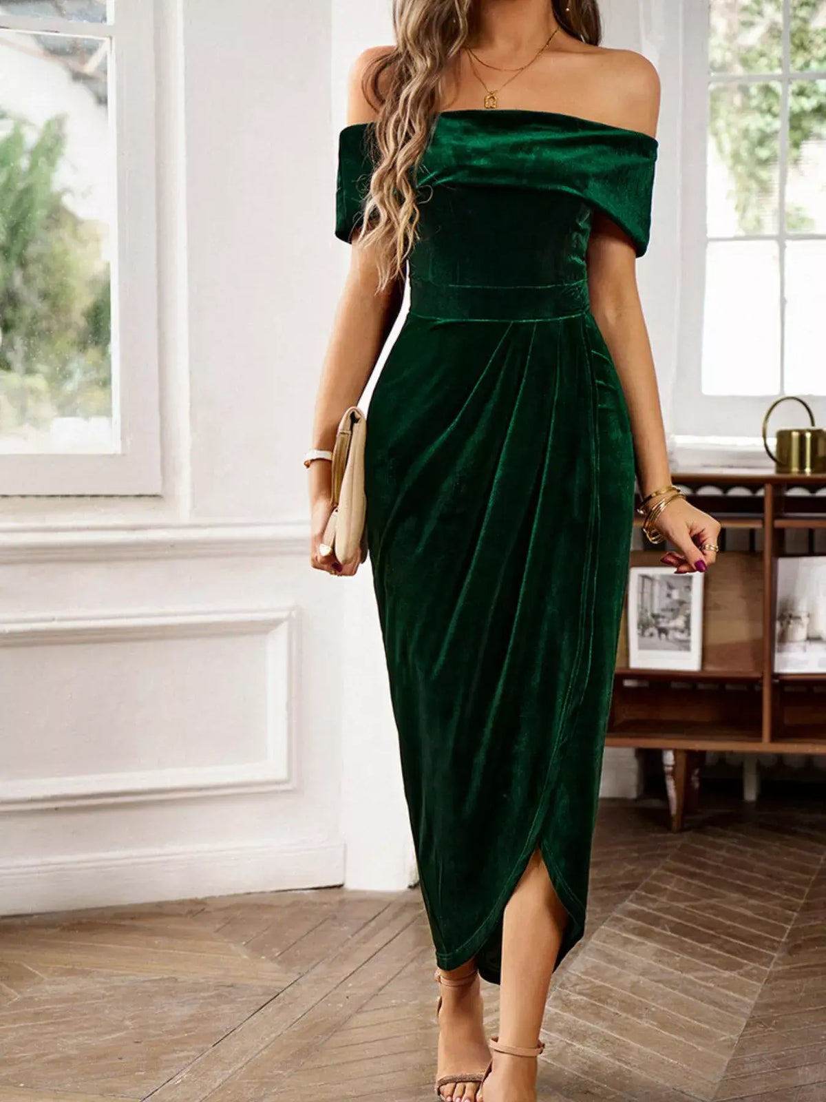 Margot Velvet Off-Shoulder Midi Dress in Royal Blue Dark Green 10