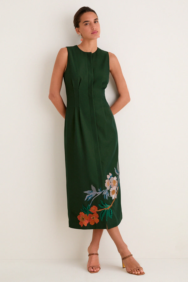 Nell Crepe Embroidered Dress in Verdant Green
