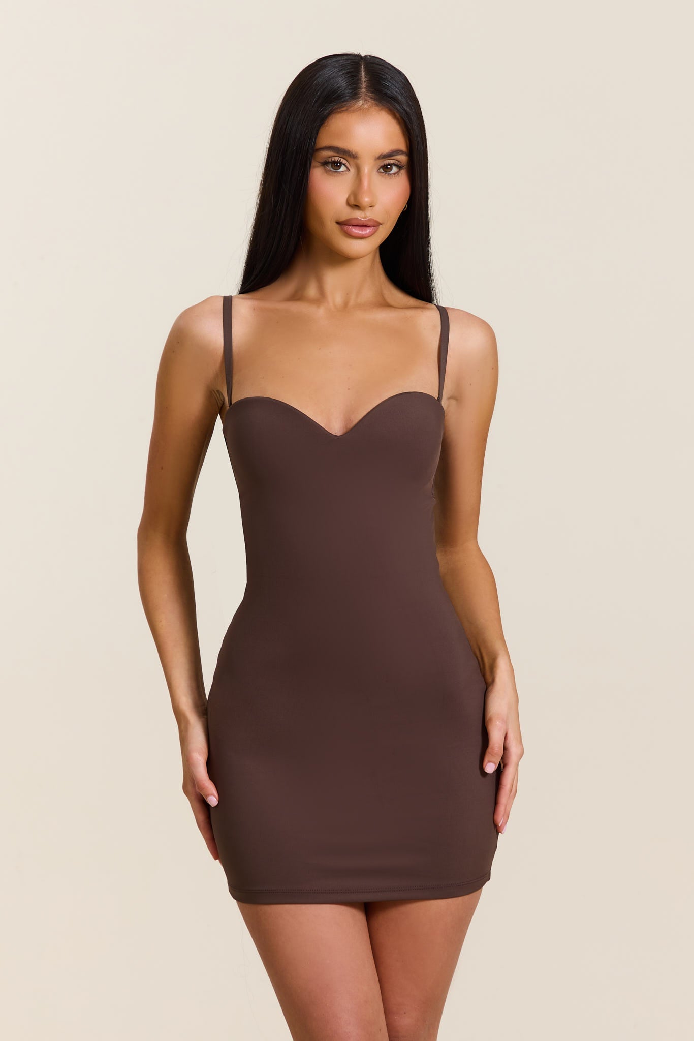 Evangeline Sculpted Mini Dress in Blush Brown 2