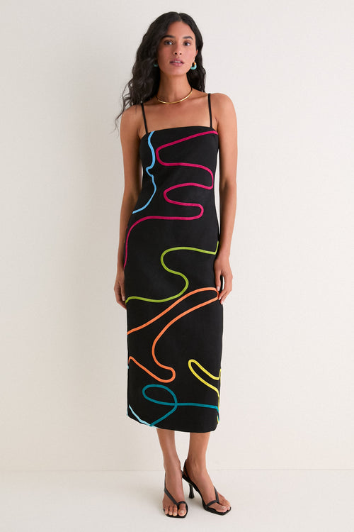 Electra Linen Maxi Dress Black Linen & Multi Soutache 1