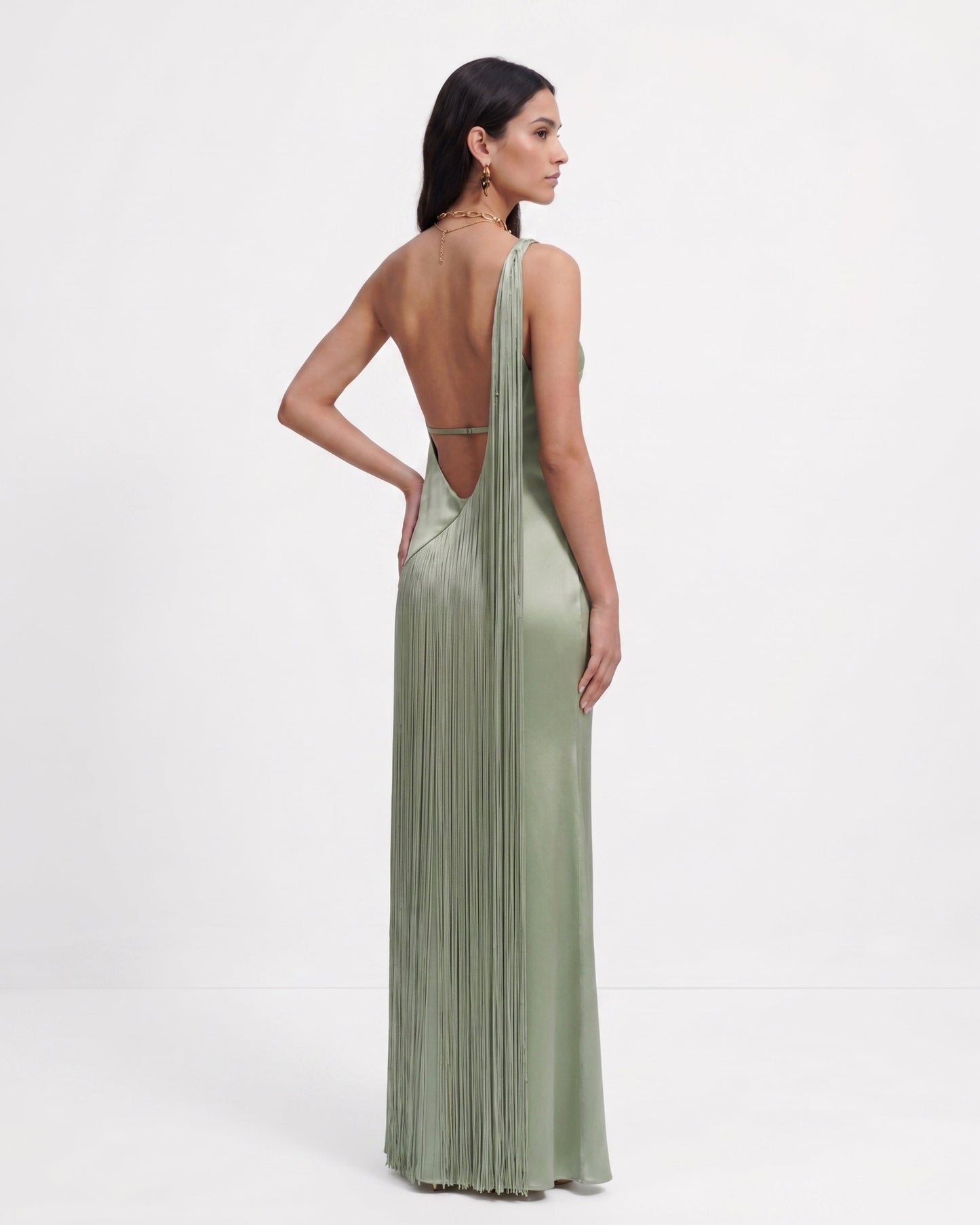 Isabelle One-Shoulder Fringe Maxi Dress Sage Green 1