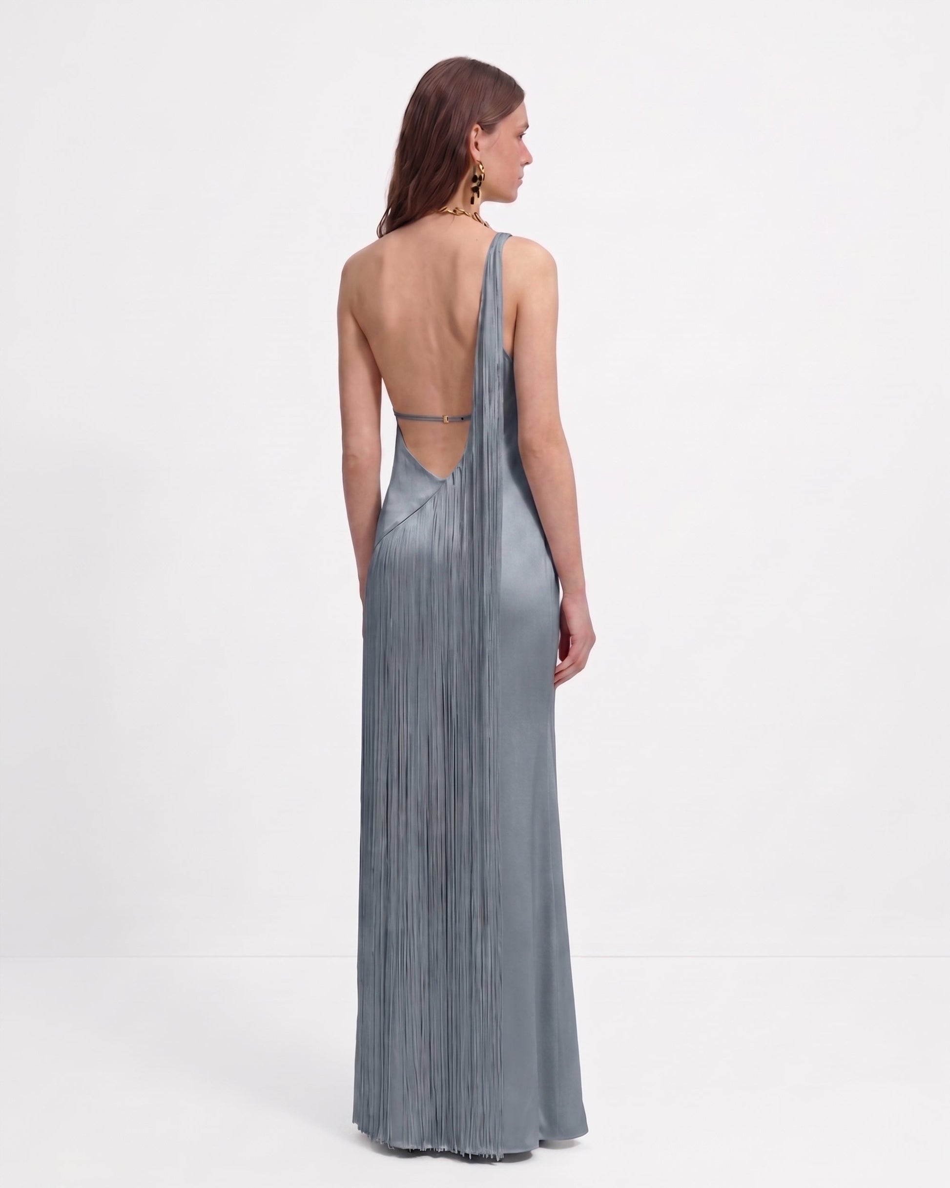 Isabelle One-Shoulder Fringe Maxi Dress Misty Blue 1