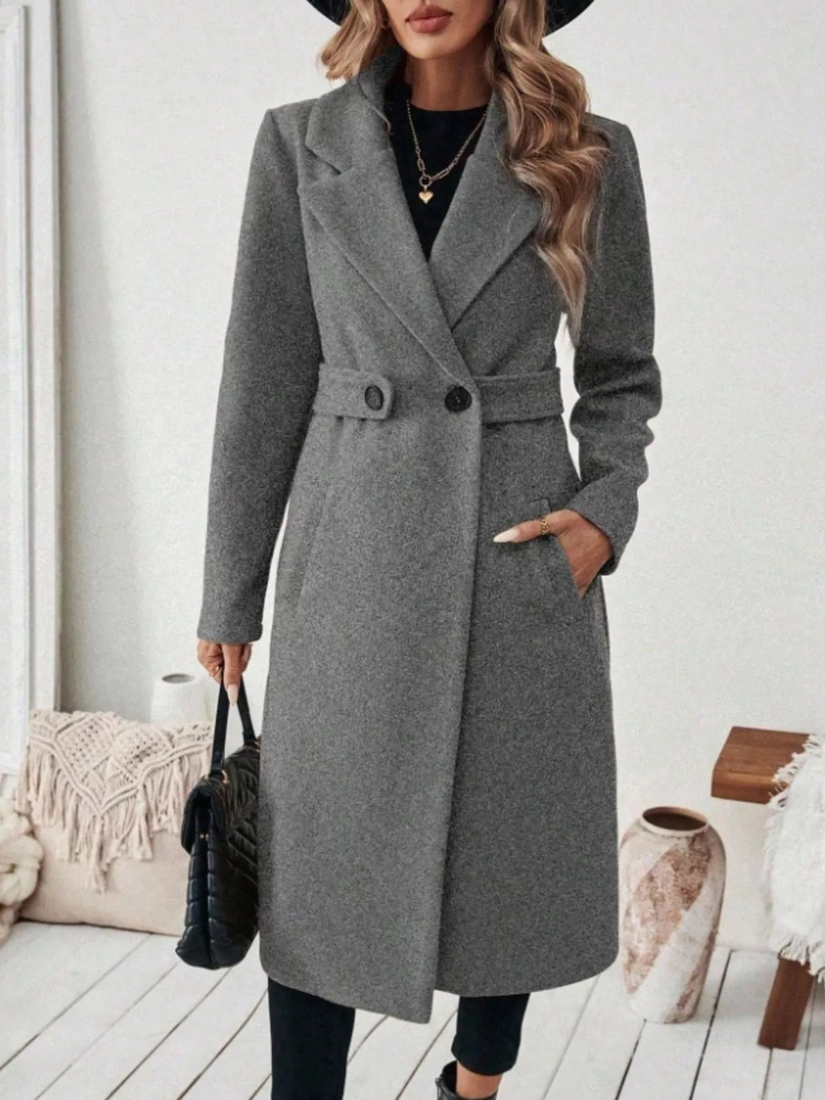 Margot Belted Lapel Coat in Burgundy Black 1