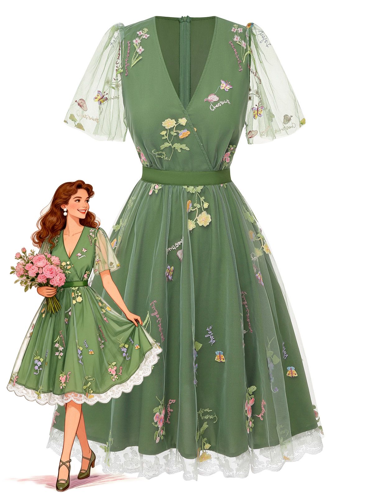 Violet Floral Mesh Puff Sleeve Dress Green 1