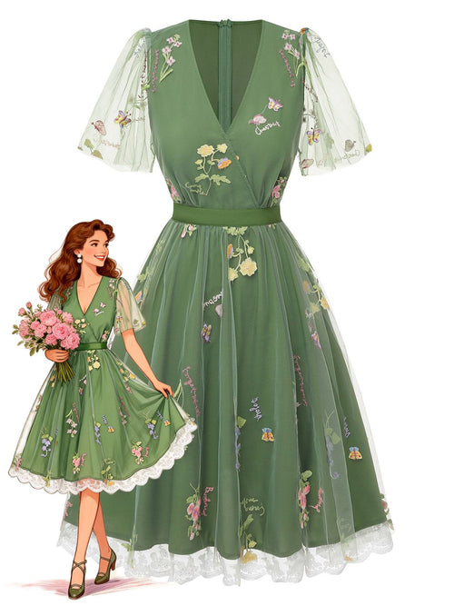 Violet Floral Mesh Puff Sleeve Dress Green 1