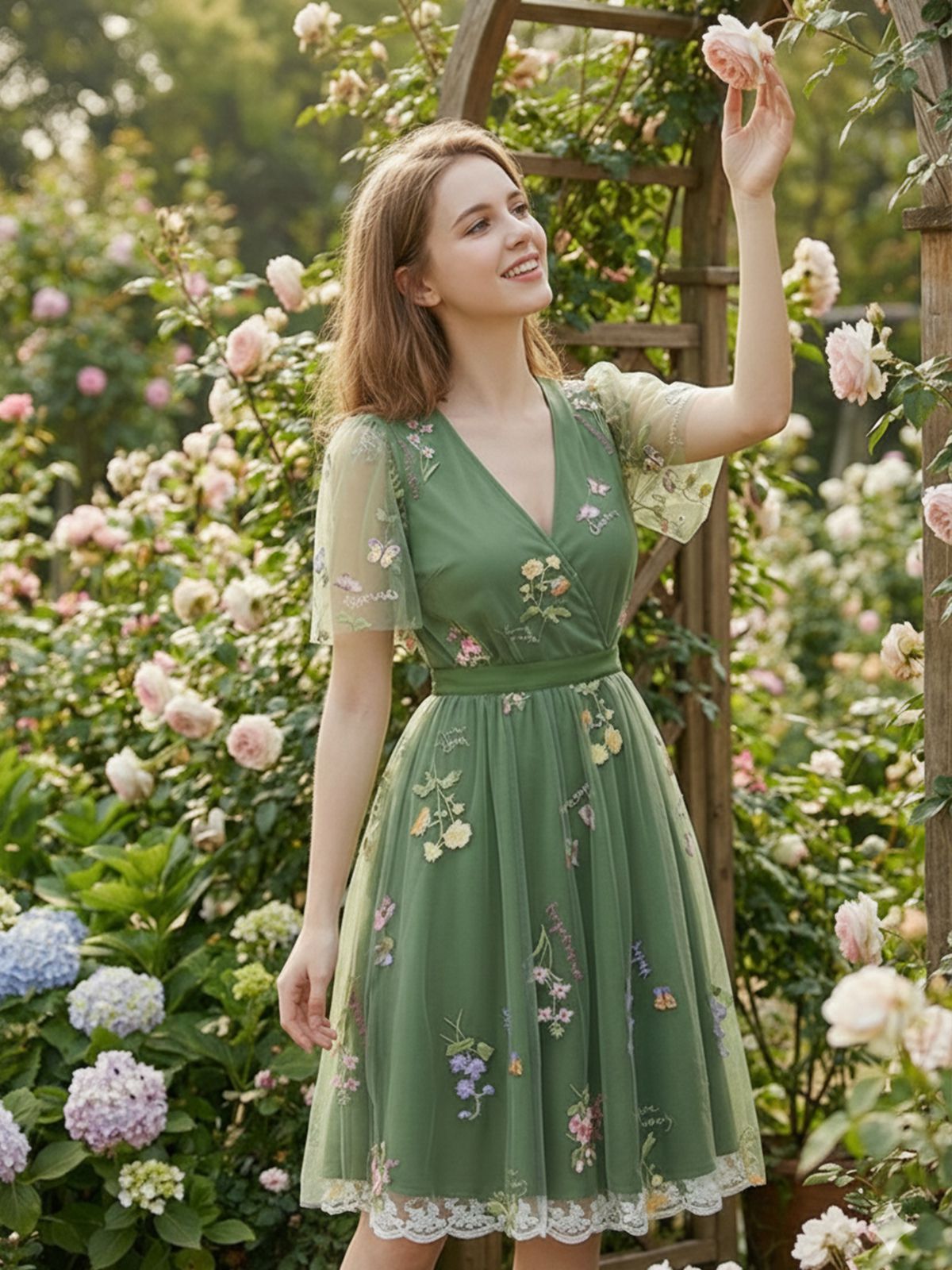 Violet Floral Mesh Puff Sleeve Dress Green 2