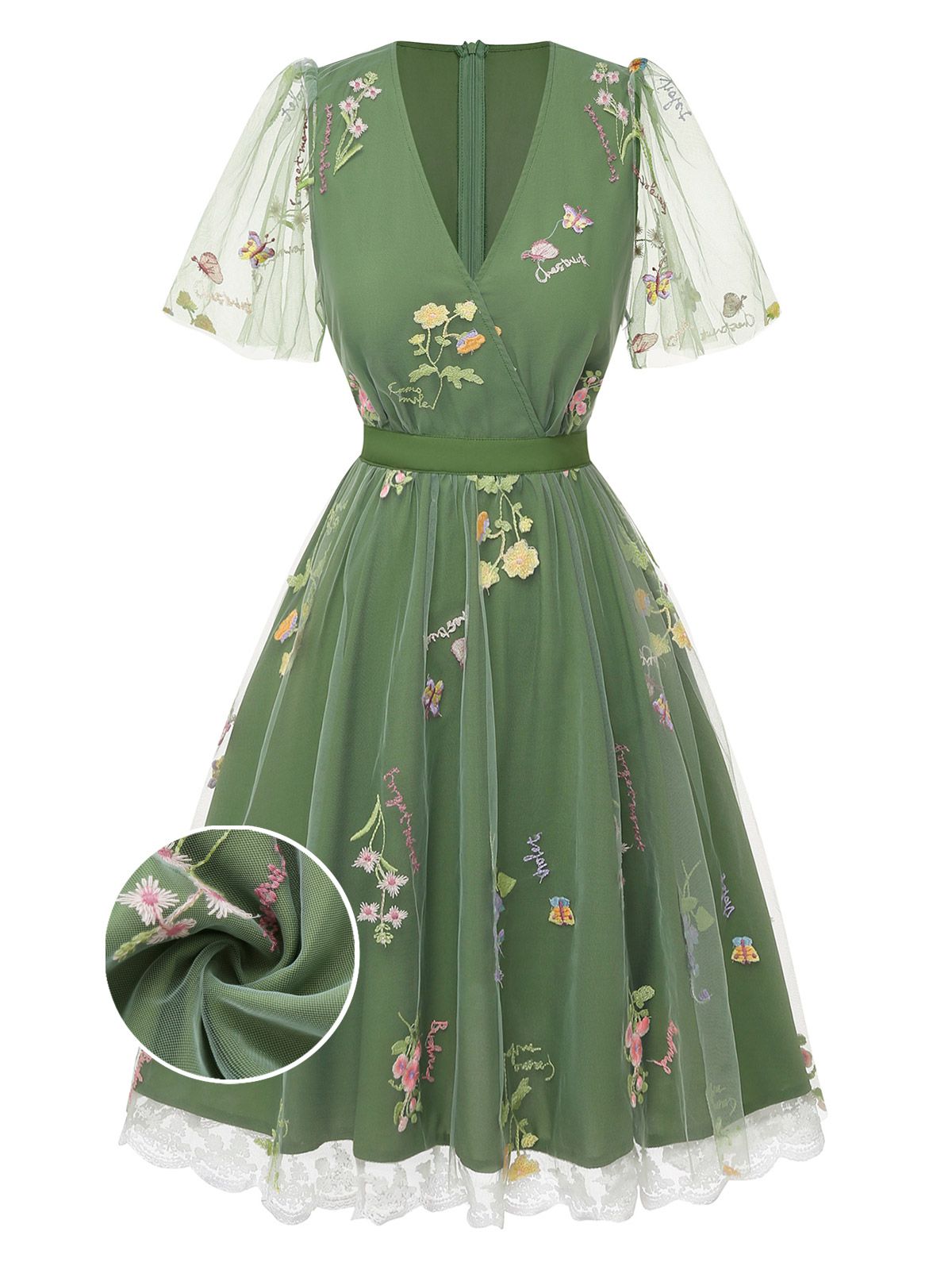 Violet Floral Mesh Puff Sleeve Dress Green 3