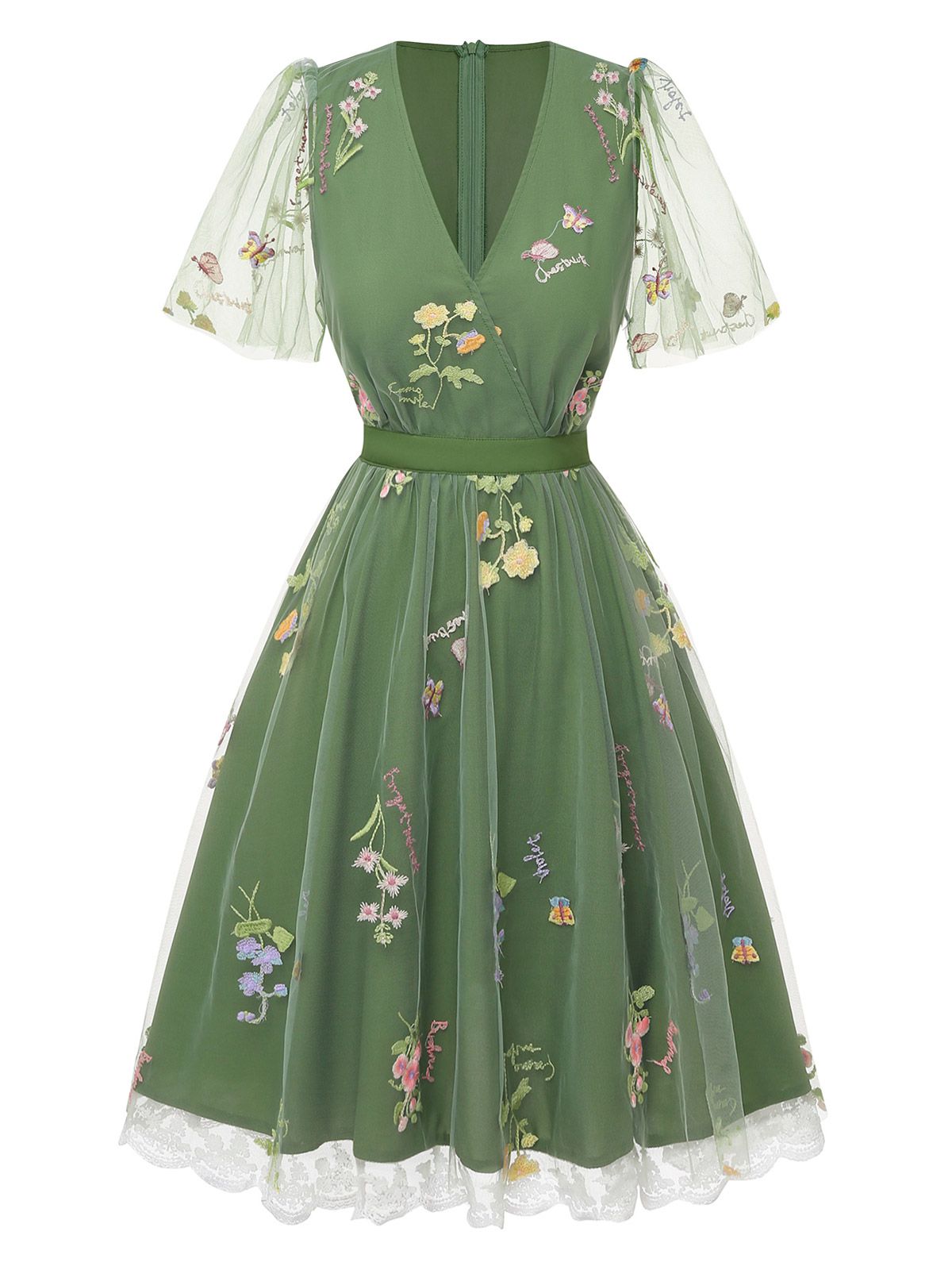 Violet Floral Mesh Puff Sleeve Dress Green 4