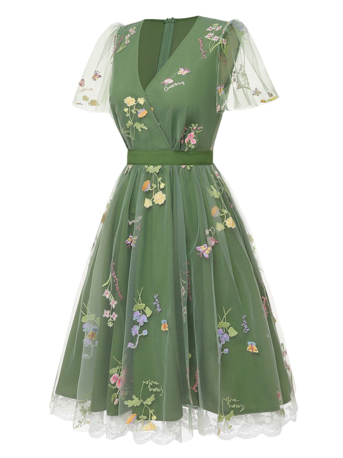 Violet Floral Mesh Puff Sleeve Dress Green 5
