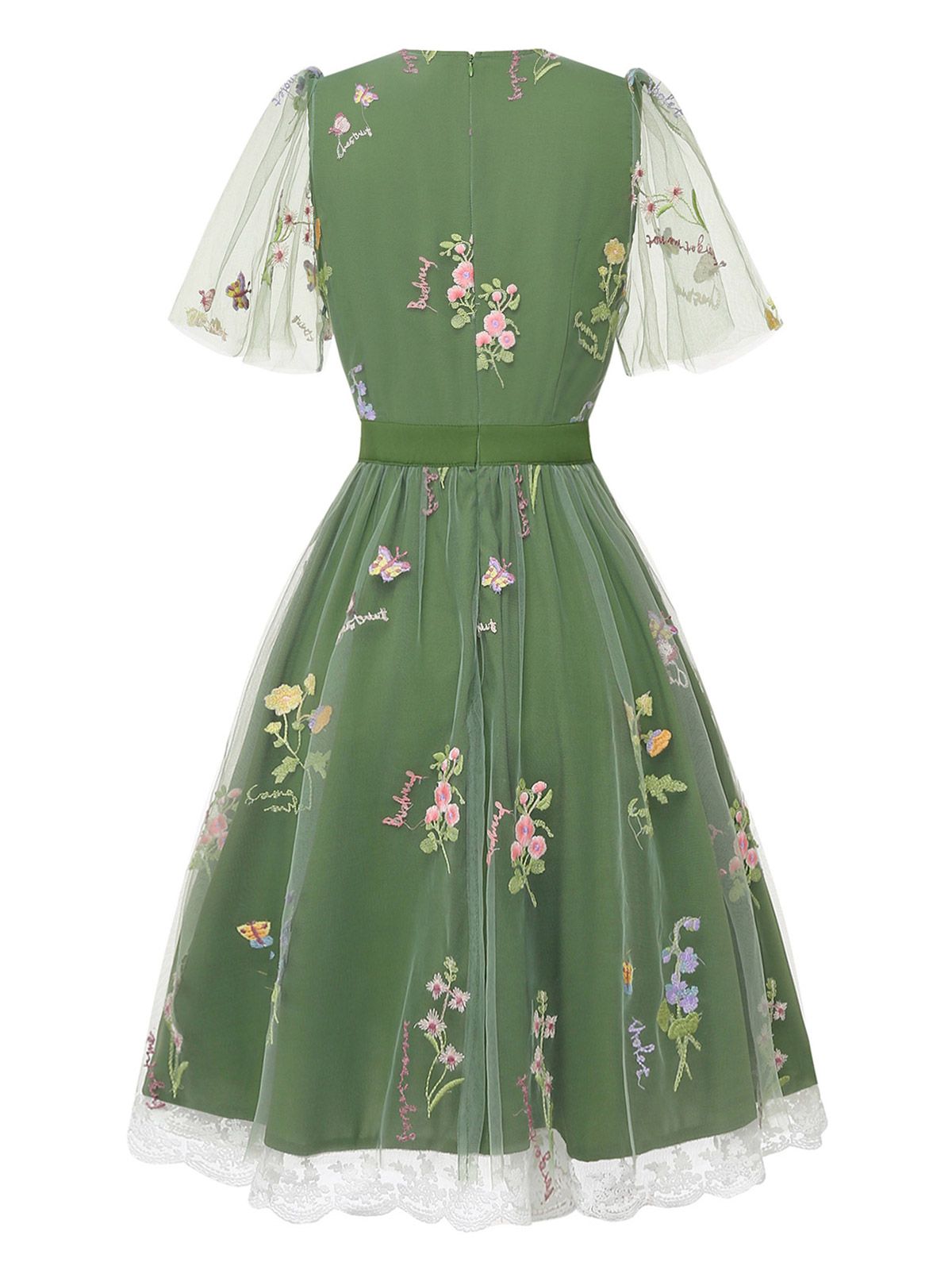 Violet Floral Mesh Puff Sleeve Dress Green 6