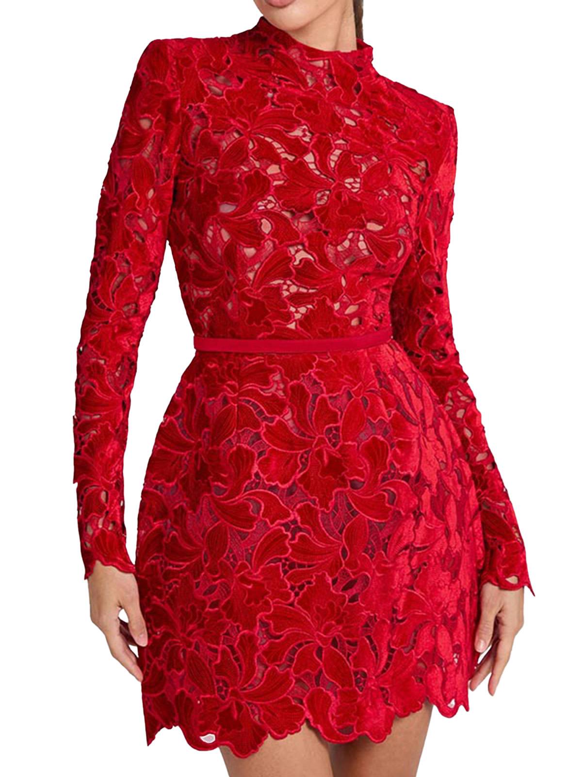 Margot Flocked Floral Lace Dress Red 1