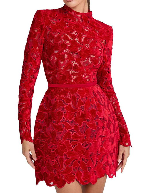 Margot Flocked Floral Lace Dress Red 1