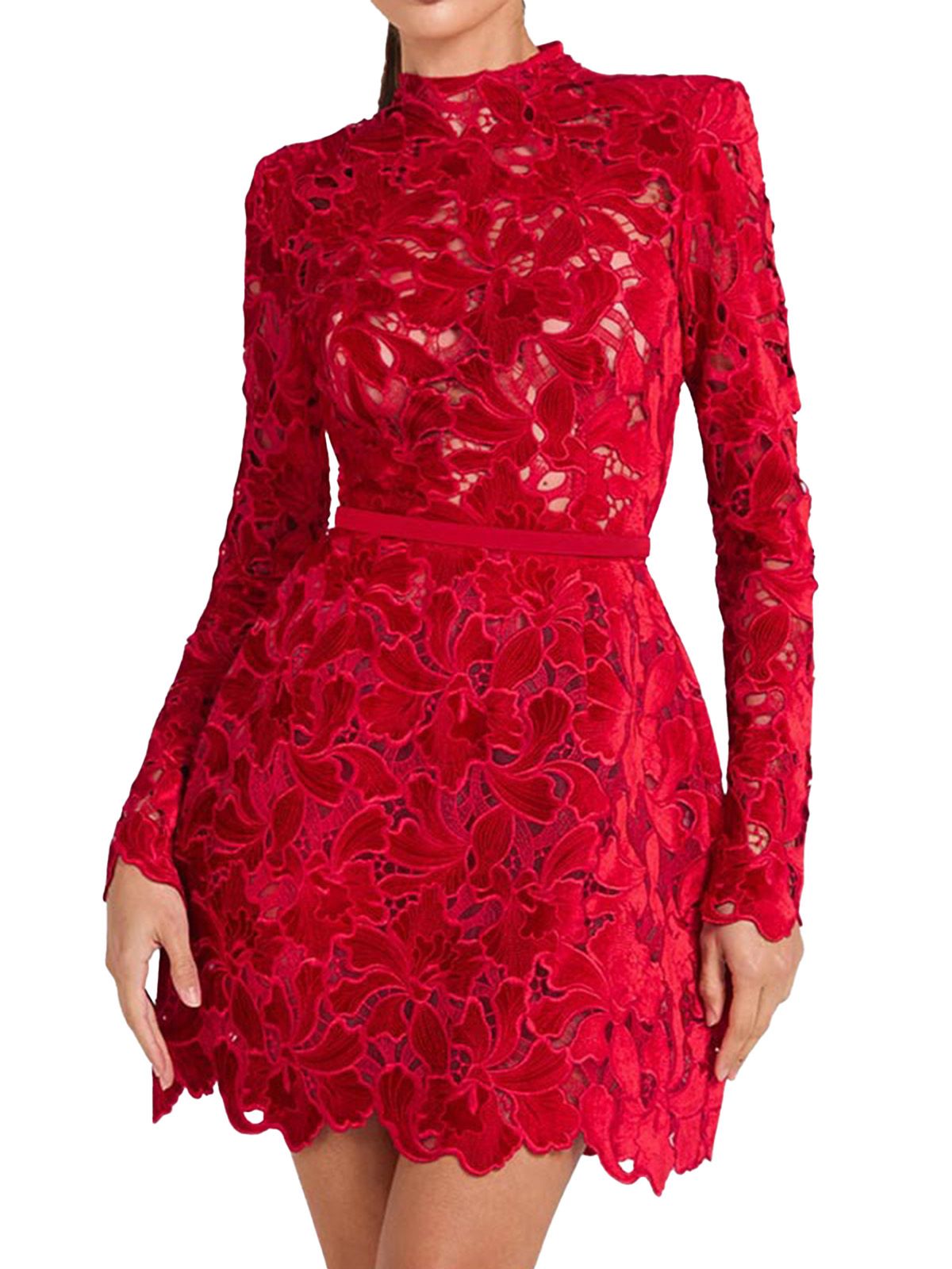 Margot Flocked Floral Lace Dress Red 2