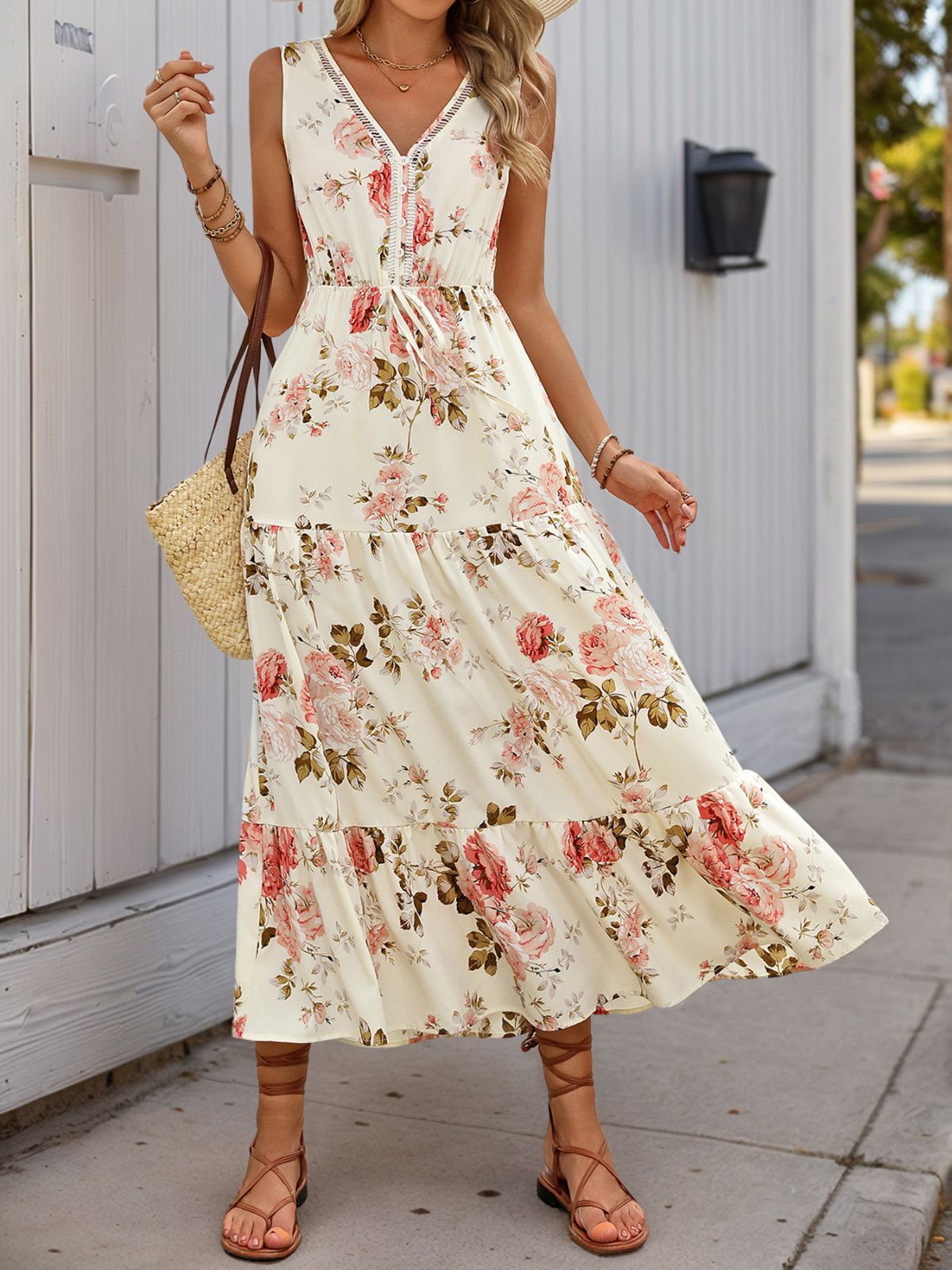 Rosalie Tiered Boho Dress in Ivory Neck Boho Roses Tiered Dress 1