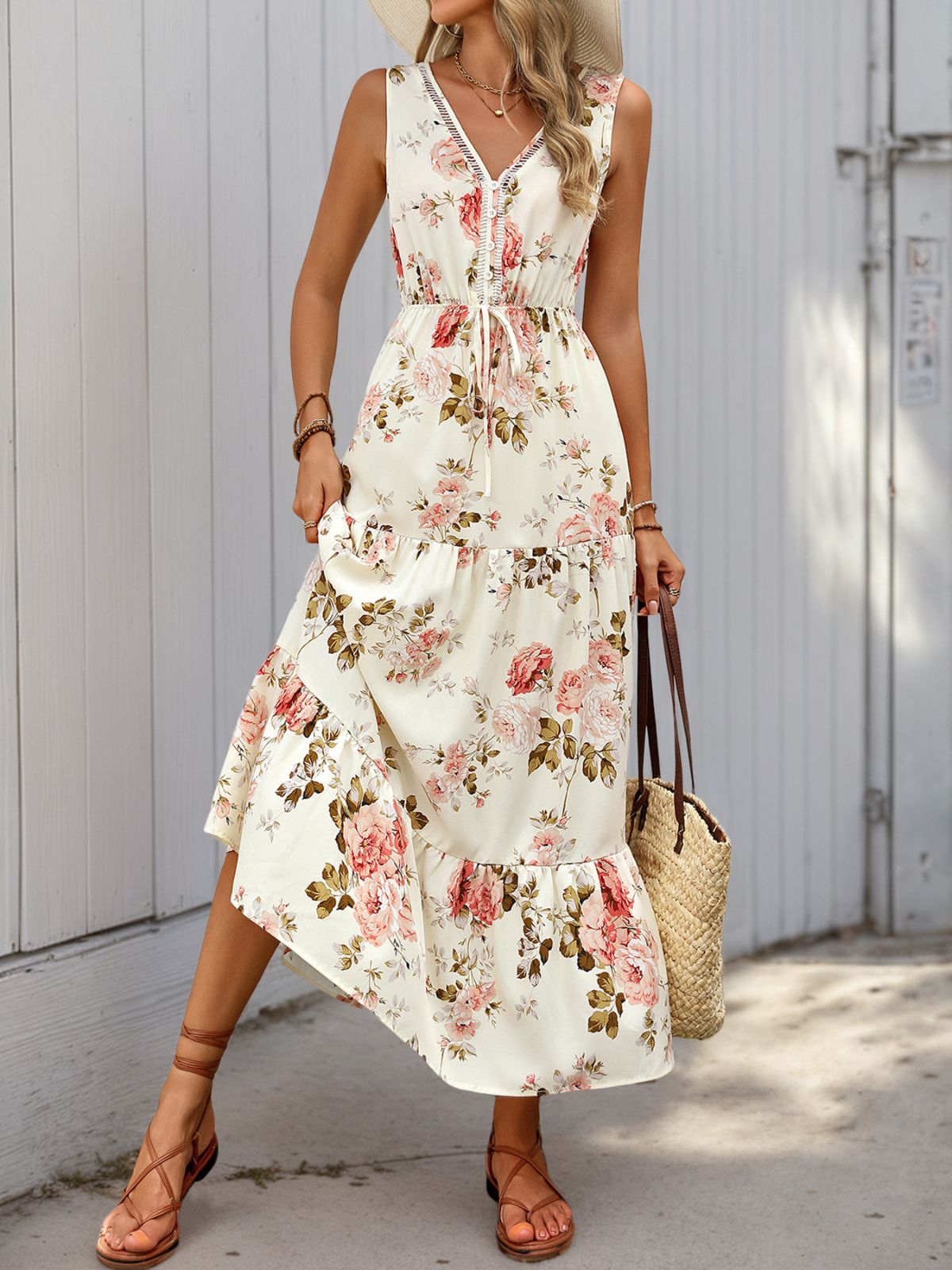 Rosalie Tiered Boho Dress in Ivory Neck Boho Roses Tiered Dress 4