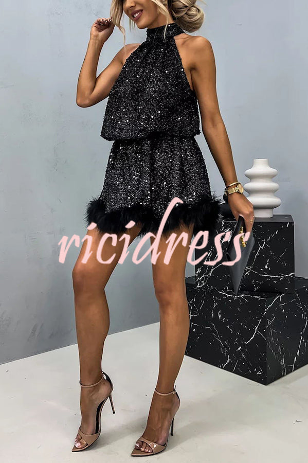 Ophelia Sequin Halter Babydoll Mini Dress Rose Gold 10