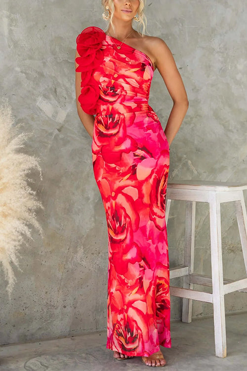 Margot Ruffle One-Shoulder Floral Maxi Dress Red 1