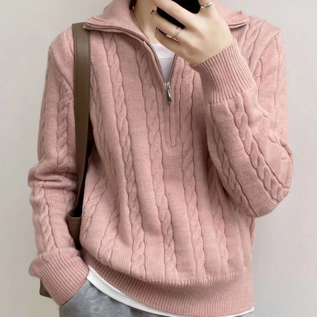 Fiona Half-Zip Cable Knit Cropped Sweater Khaki 4