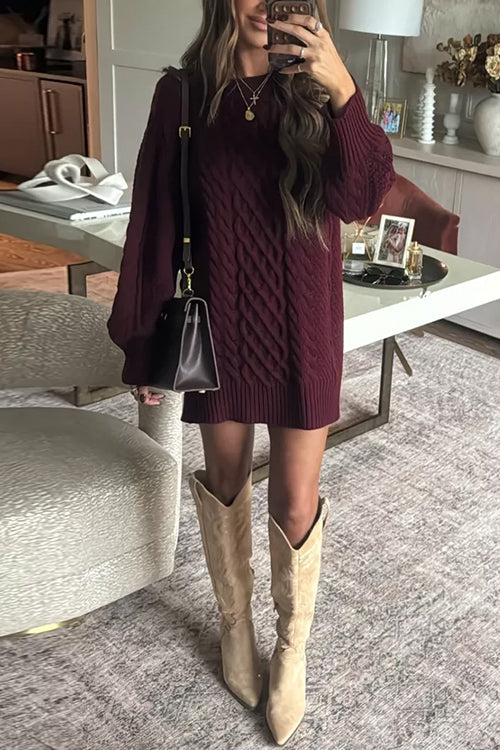 Margot Cable Knit Sweater Dress in Gray Burgundy 3