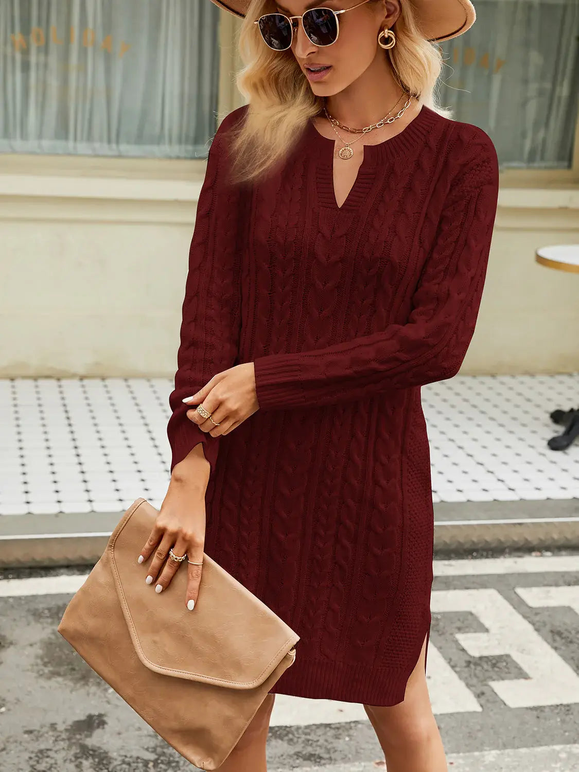 Vivienne Cable-Knit Sweater Dress Wine 9