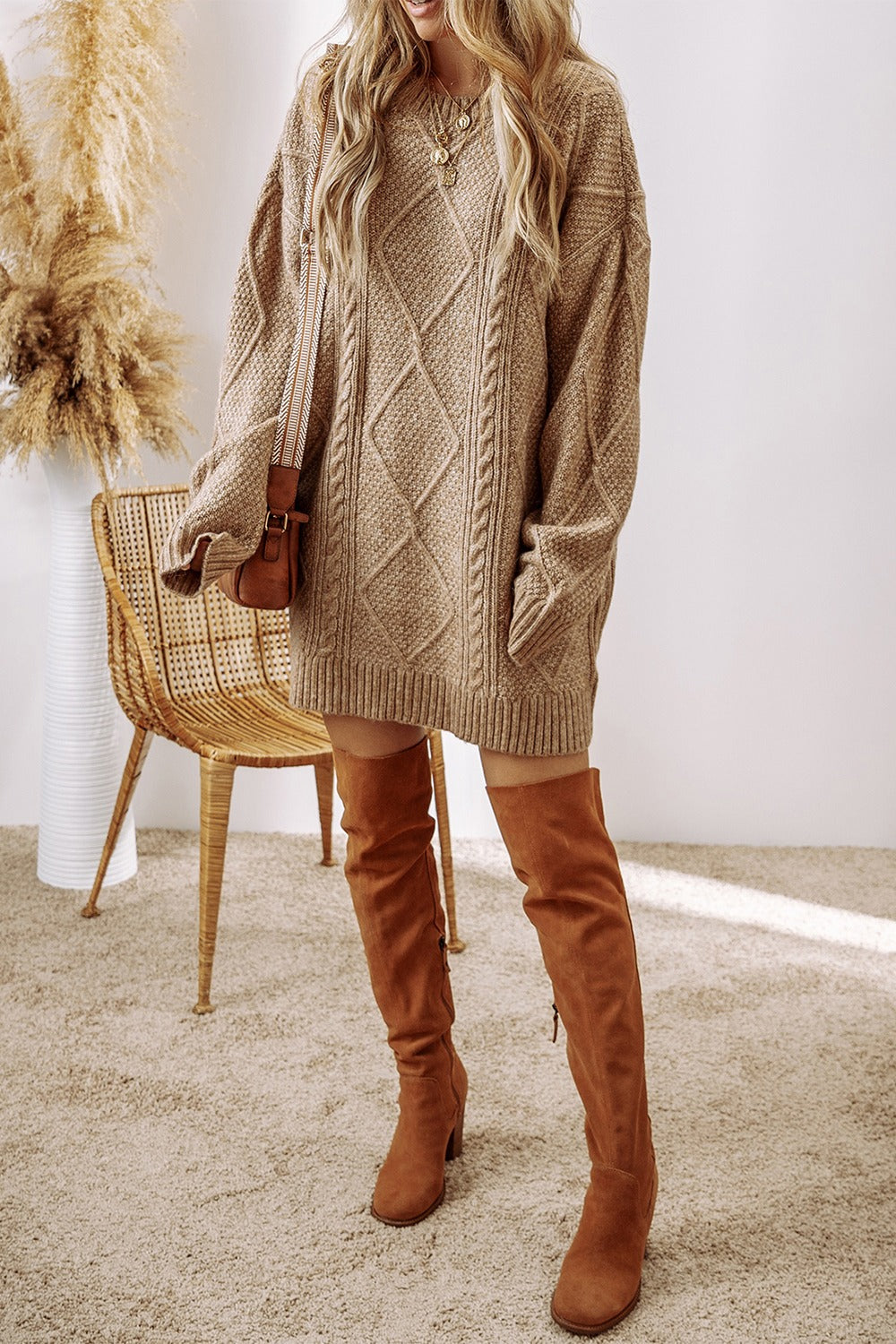 Margot Cable-Knit Sweater Dress in Tan Black 6