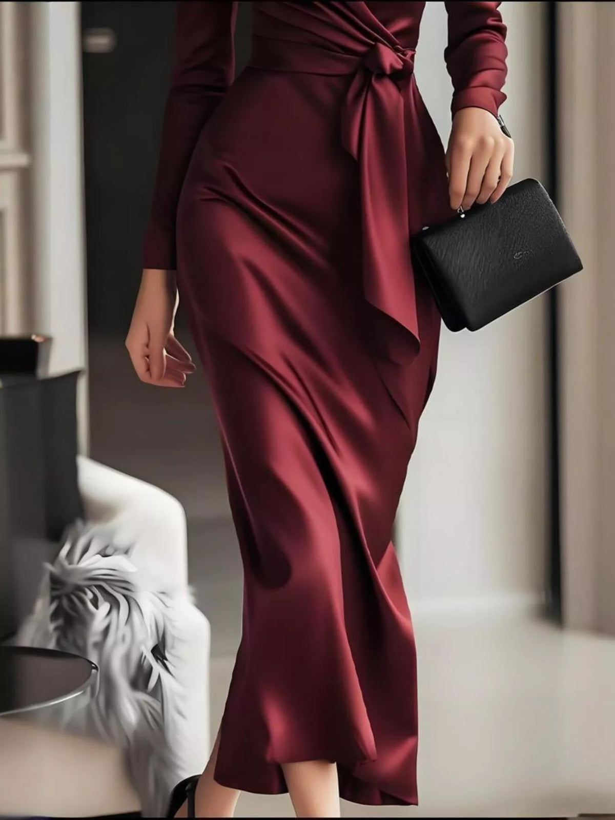 Oona Satin Long Sleeve Dress in Red Red 3