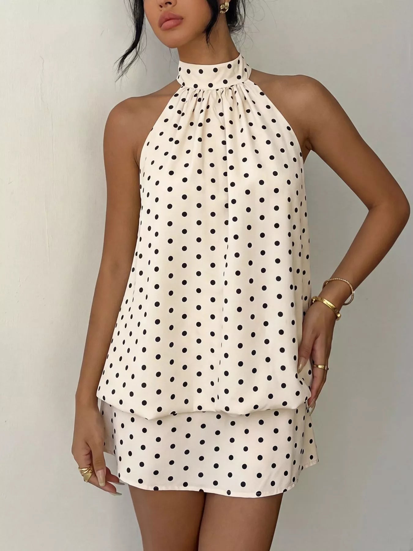 Violet Polka Dot Halter Mini Dress Apricot 5