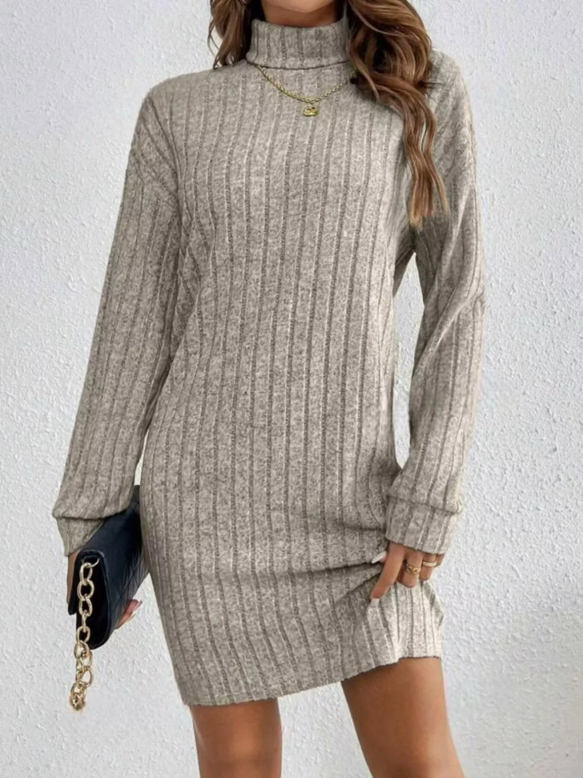 Margot Ribbed Knit Turtleneck Mini Dress Light Gray 2