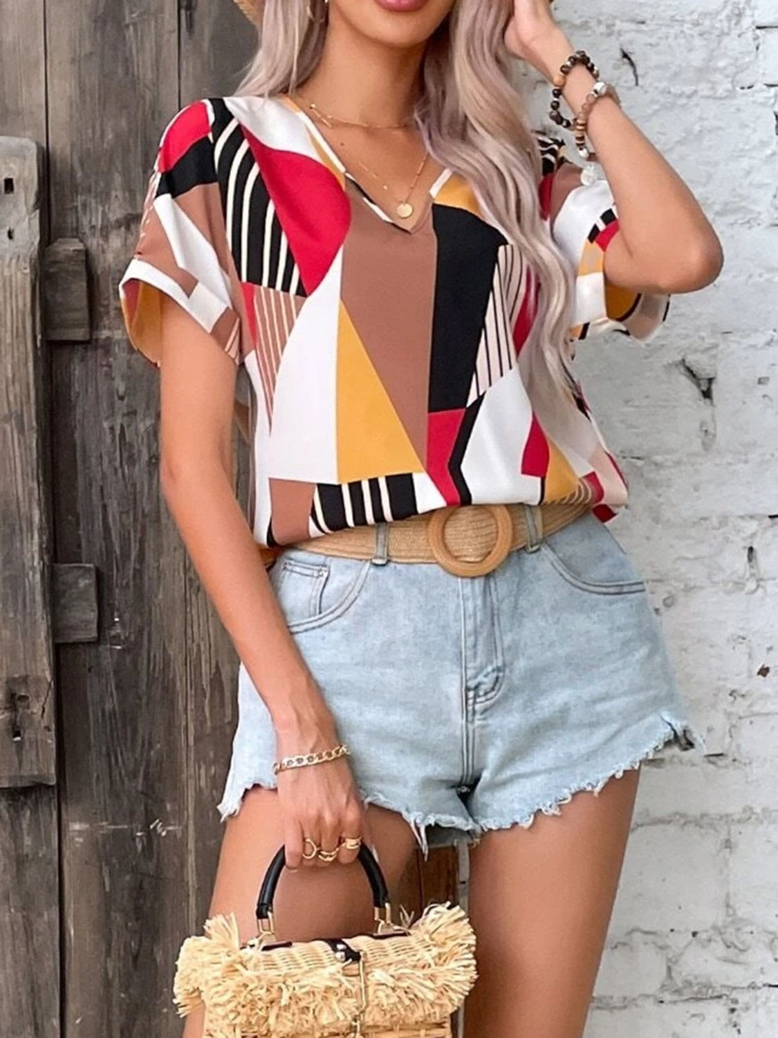 Margot Printed Tiered Dress Neck Short Sleeve Blouse 4