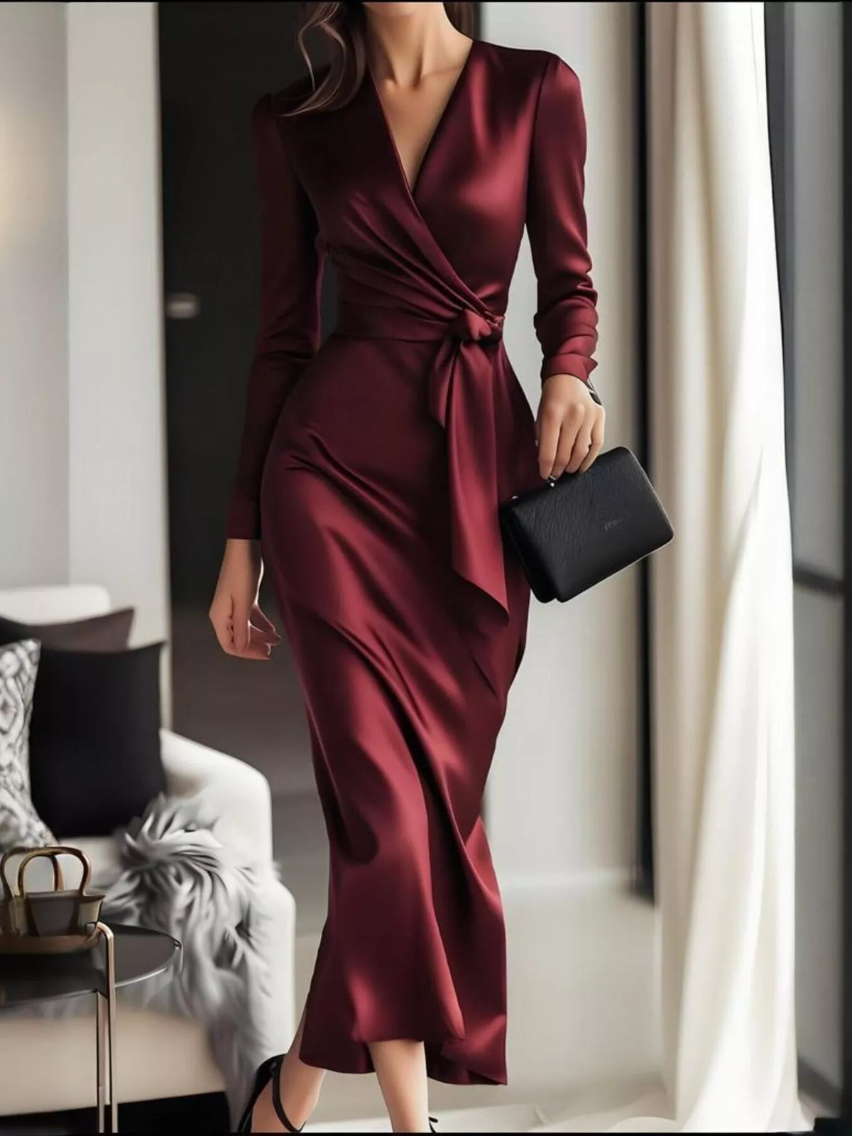 Oona Satin Long Sleeve Dress in Red Red 1