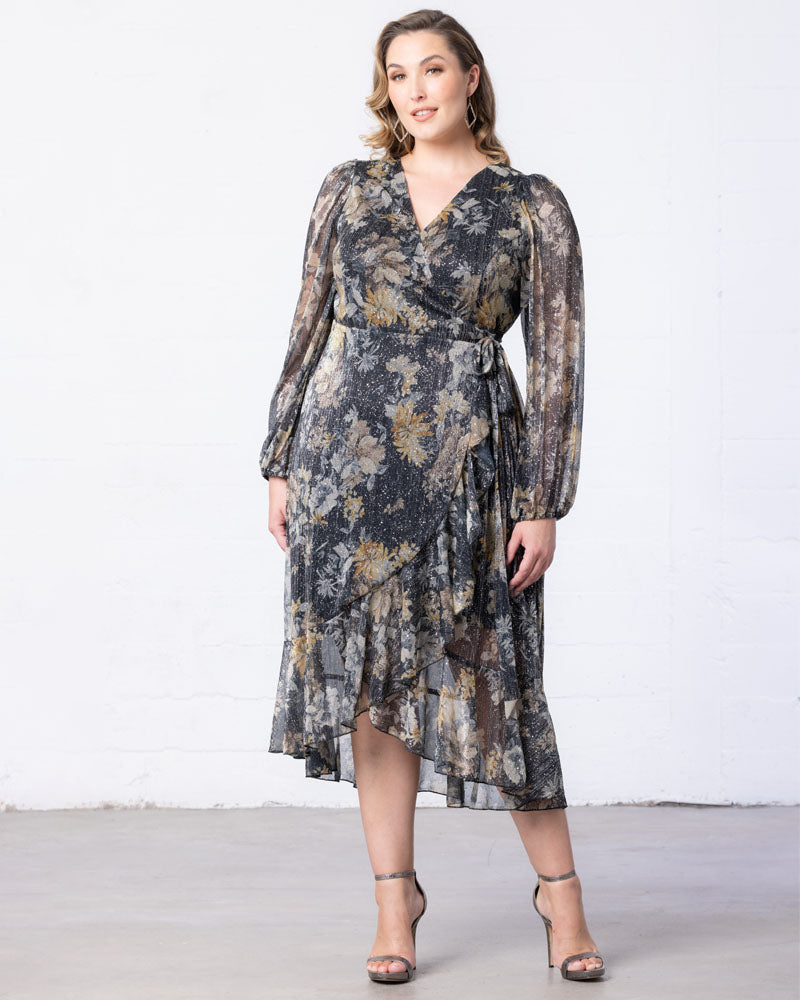 Celestine Metallic High-Low Cocktail Dress Gilded Florals 1