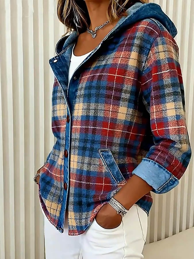 Briella Contrast Check Denim Jacket Navy Blue 4