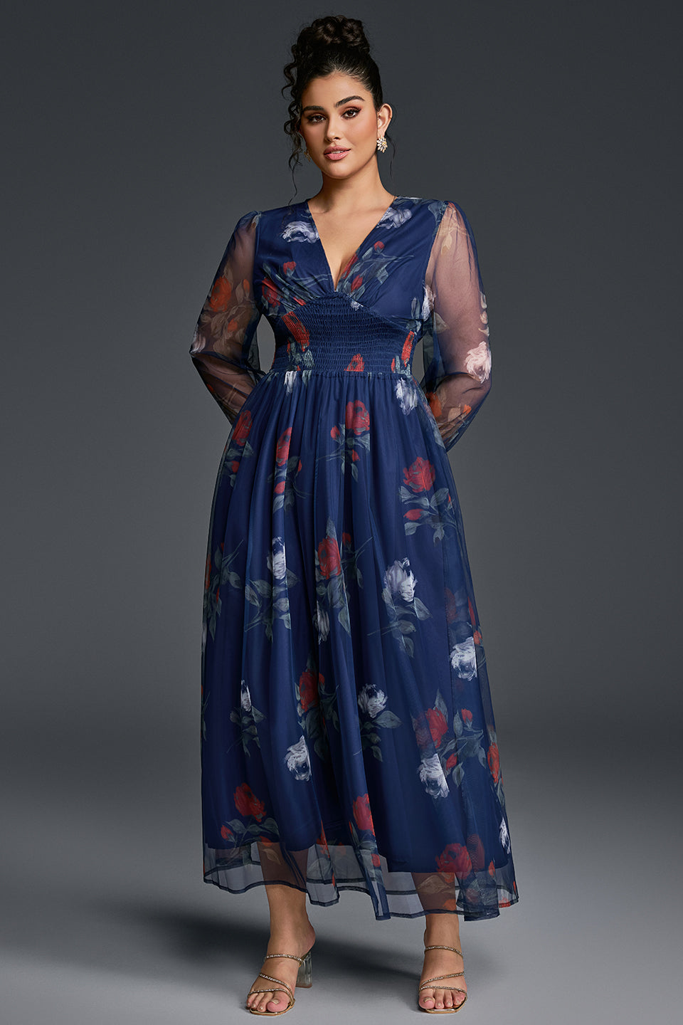 Isabelle Floral Pleated Maxi Dress Neck Floral Mesh Maxi Dress 4